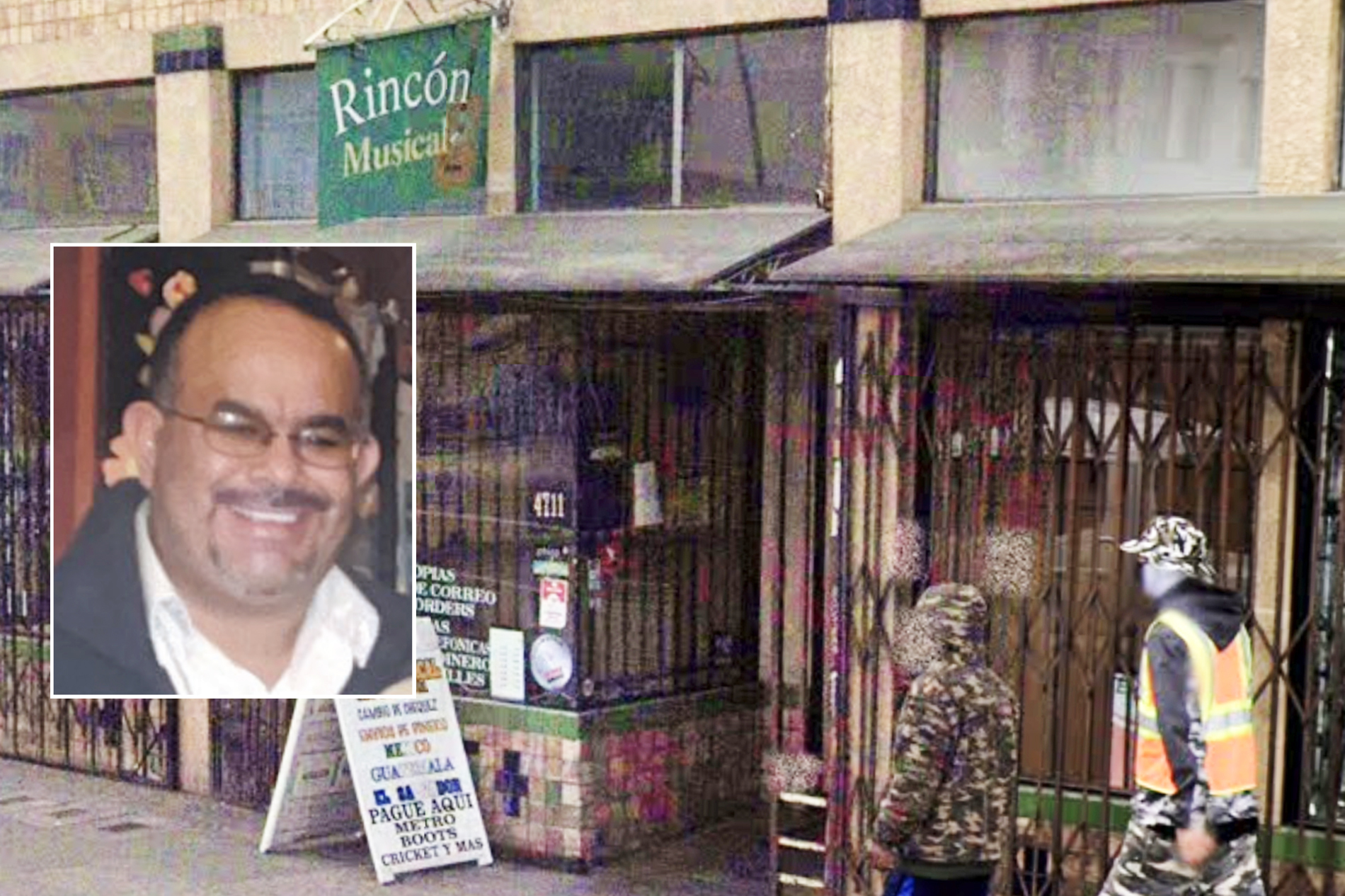 A composite image of a storefront and man.