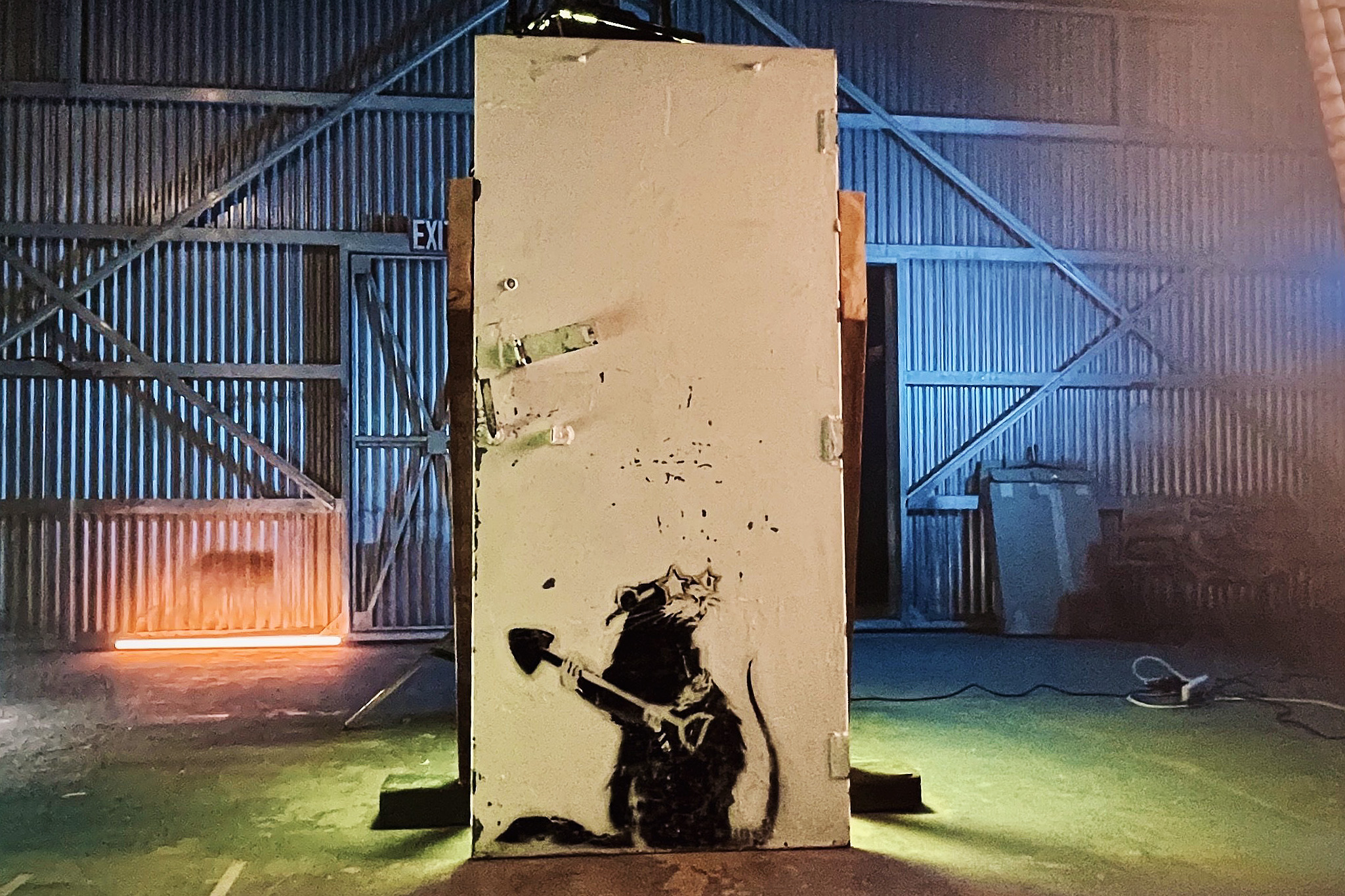 A painting of a rat is seen on a door.