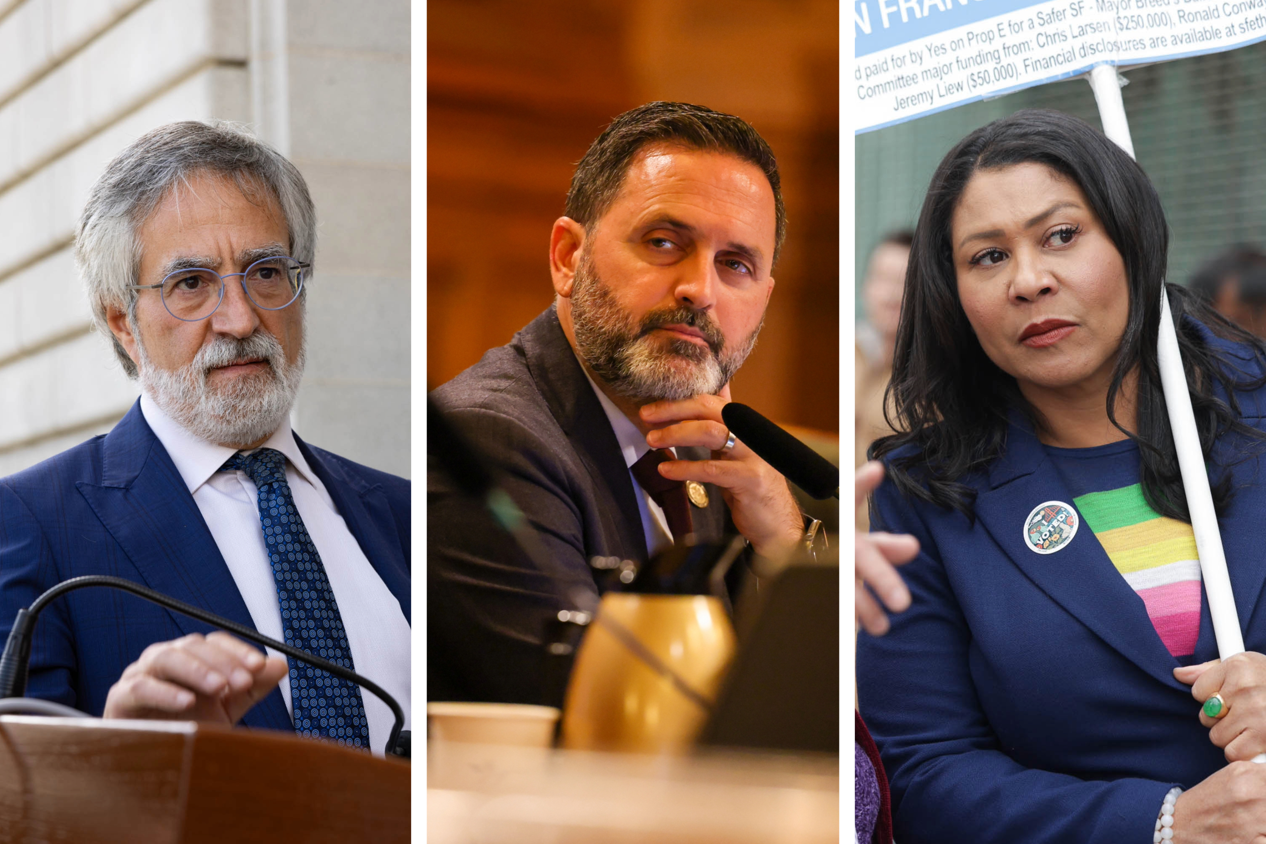 In a composite image, Supervisor Aaron Peskin stands at a podium, Supervisor Ahsha Safaí looks contemplatively during a meeting and Mayor London Breed looks inquisitively while holding a sign.