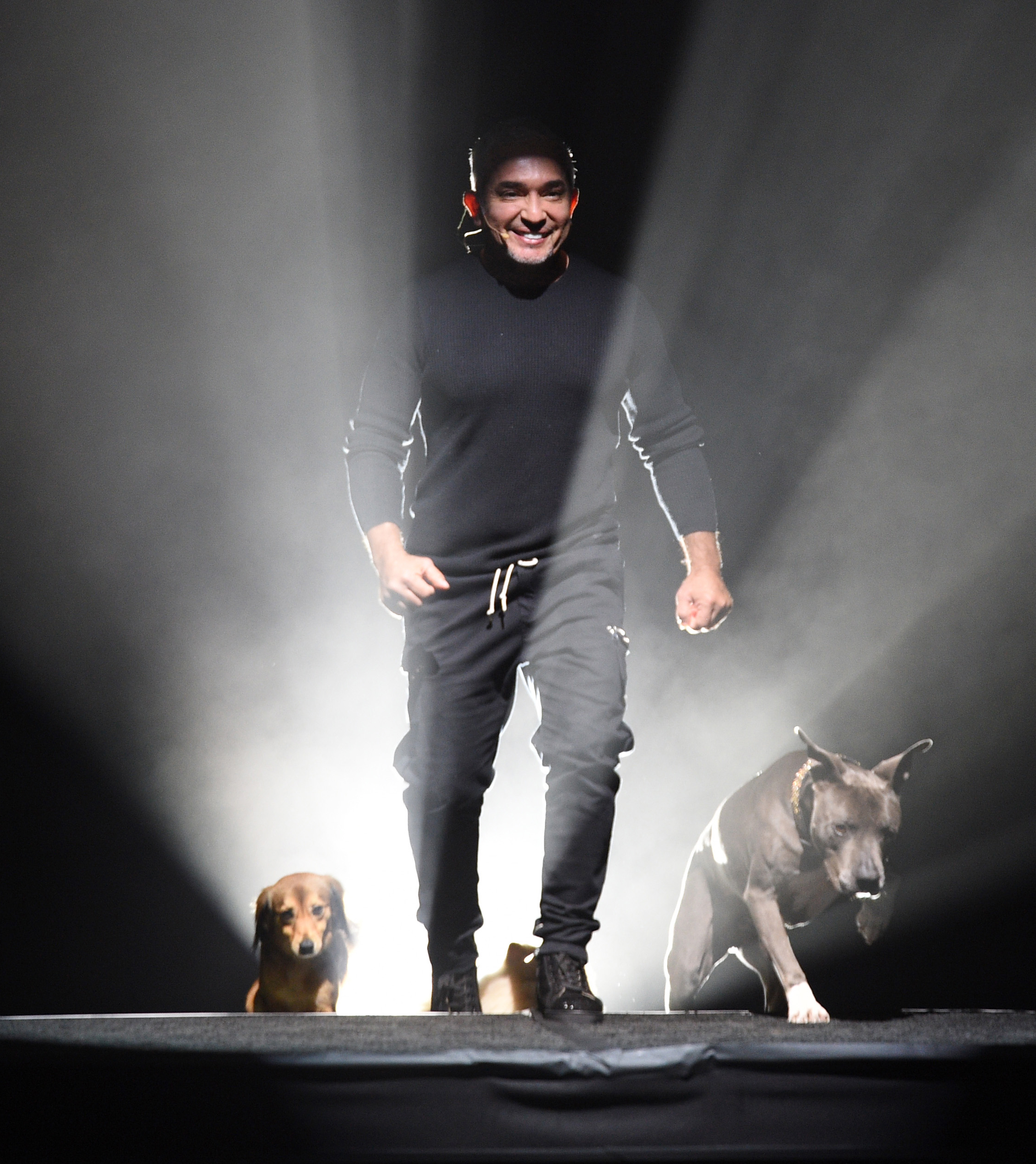 A man smiling on stage with two dogs under spotlights.