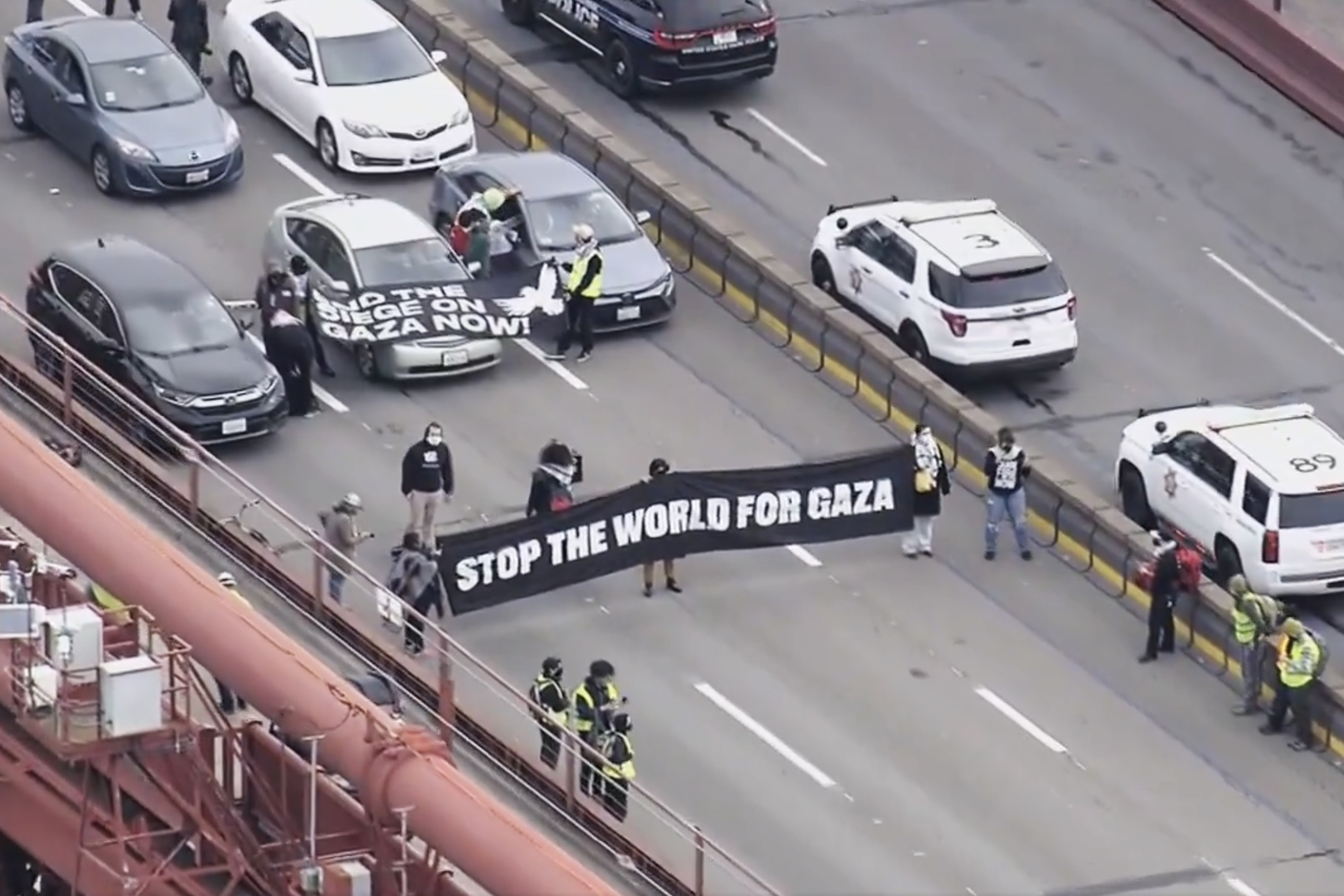 Both directions of the Golden Gate Bridge have been shut down due to a Pro-Palestinian protest on Monday, April 15, 2024. Demonstrators have blocked the southbound direction of Highway 101. This is the second protest causing major back-ups on Bay Area roadways, the demonstration has blocked northbound I-880 in Oakland.