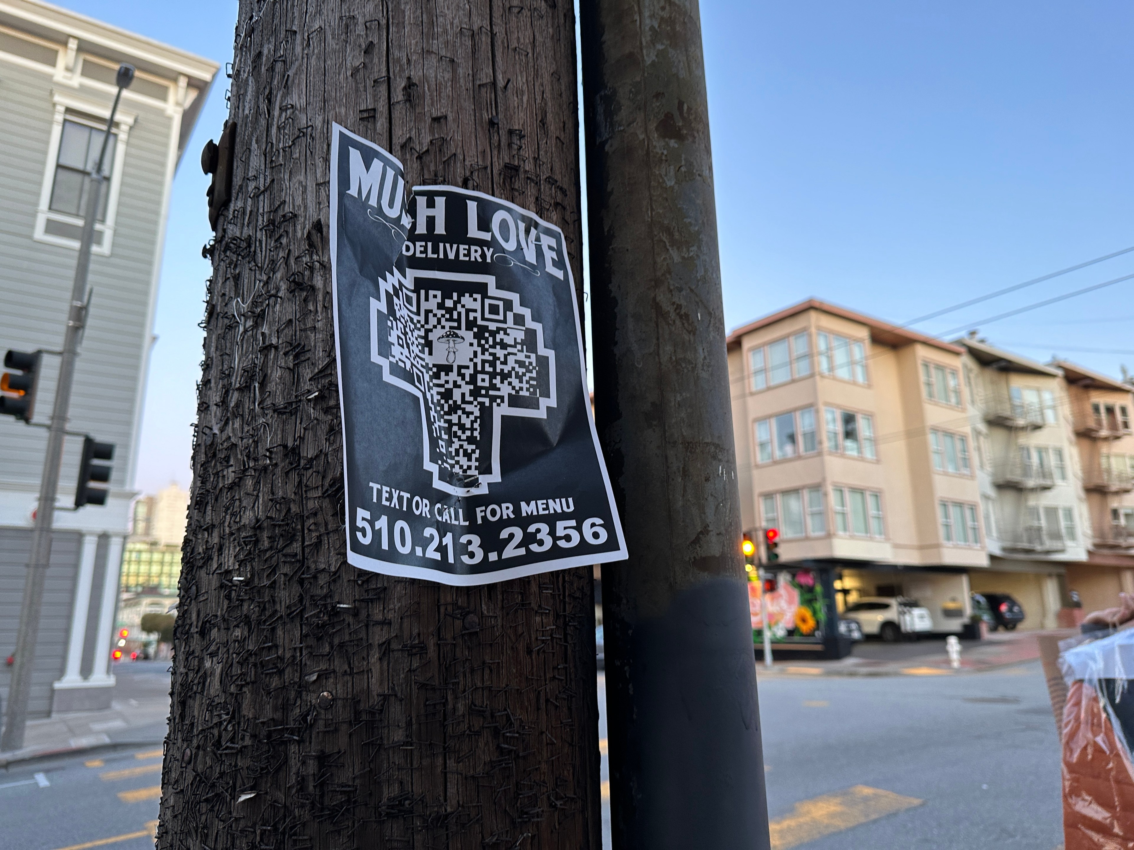 A flyer with a QR code on a utility pole advertises a magic mushroom delivery service with a phone number. Background shows urban street with buildings.