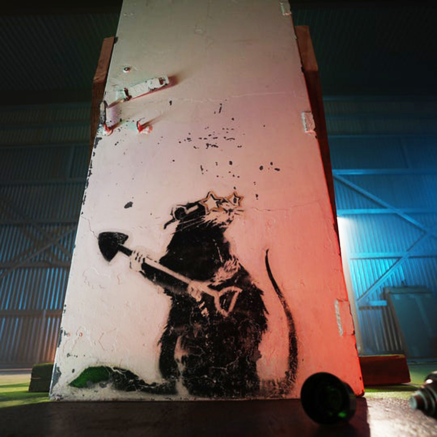A graffiti painting of a rat is seen on a door.