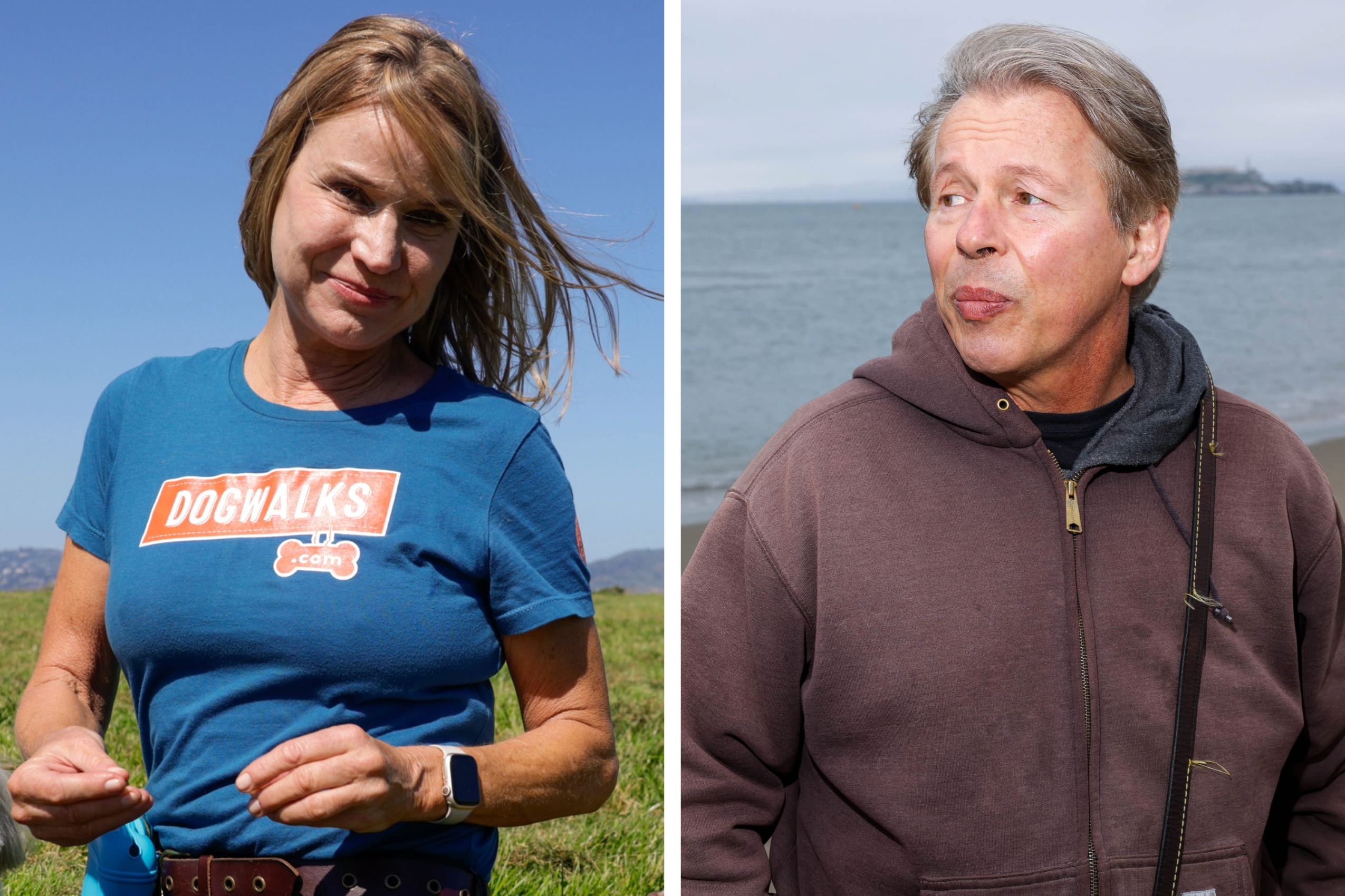 A woman in a blue t-shirt and a man in a brown hoodie are shown outdoors in separate side-by-side images.
