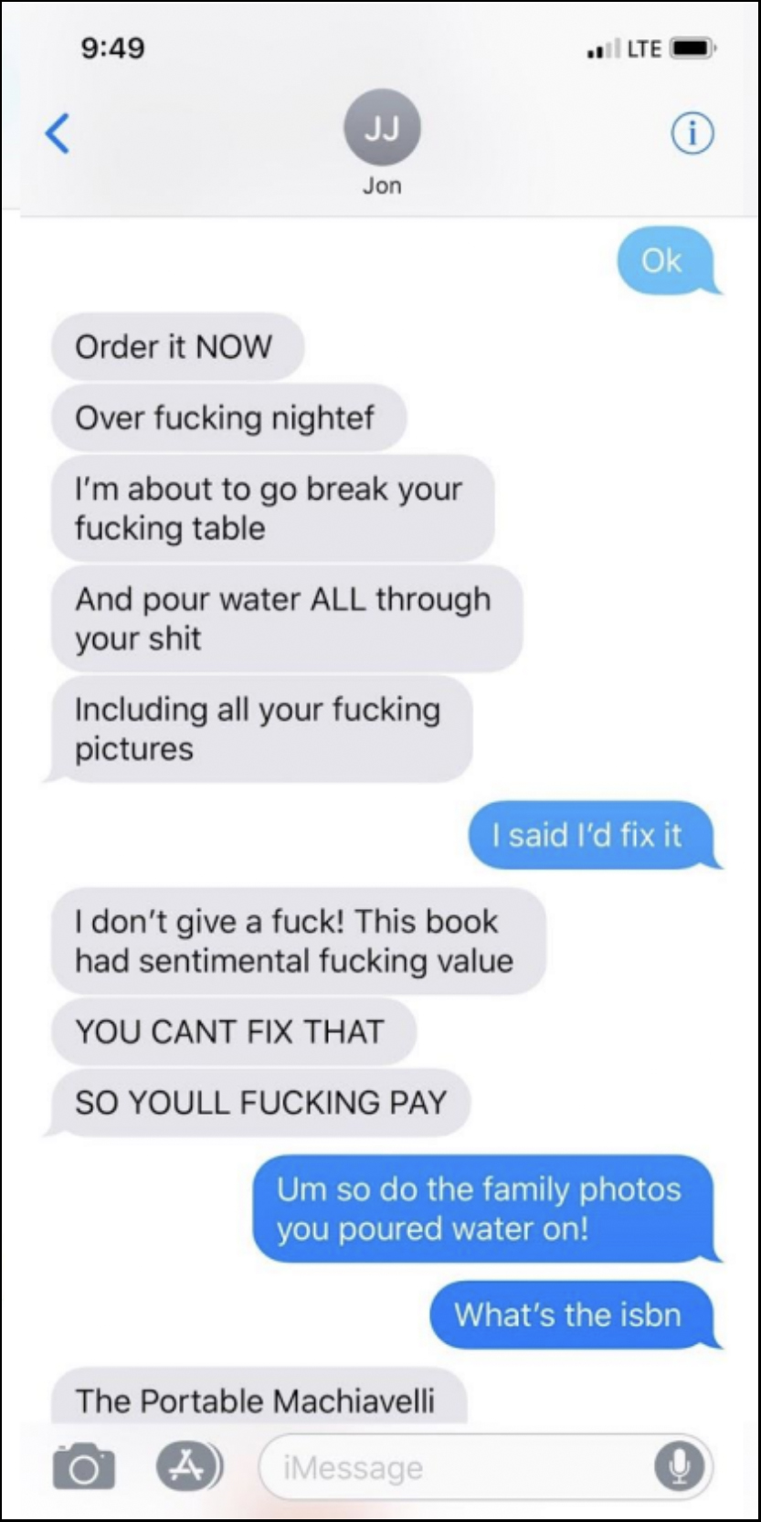 The image displays a heated text conversation where Jon Jacobo threatens to damage property and the other offers to fix it, ending with a book title.