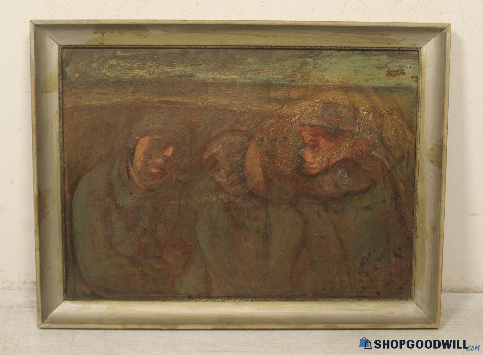 An old painting depicts three vague, abstract figures in earthy tones, framed in a simple metallic frame.