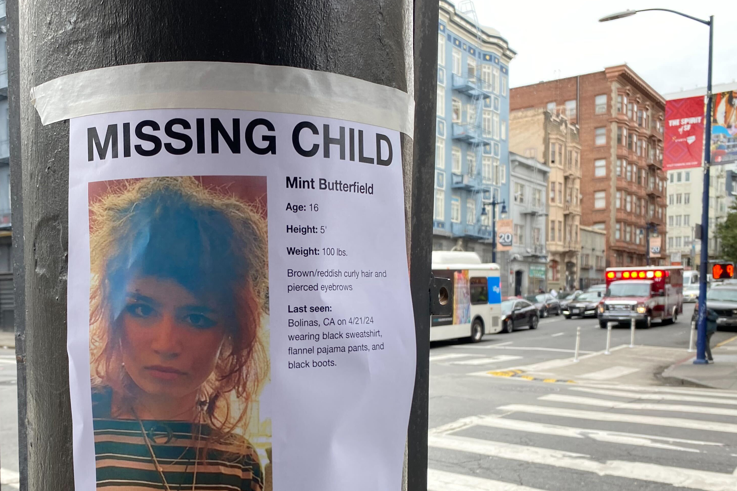 A 'MISSING CHILD' poster on a pole with a photo and details, against a blurred city street backdrop.