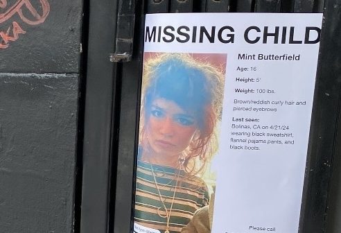 A graffiti of a gun with text and a "Missing Child" flyer featuring a young person is posted on an urban utility box.