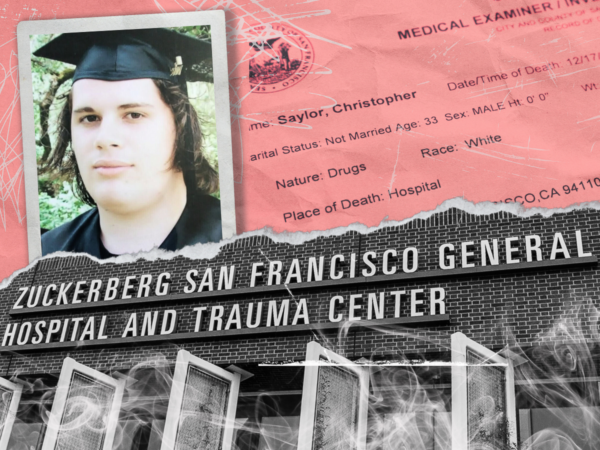 A collage with a graduate's photo, a medical report, and "Zuckerberg San Francisco General Hospital" sign.