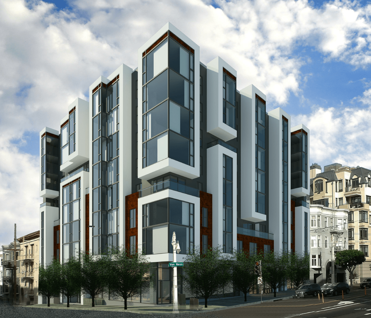An architectural rendering shows a planned apartment building