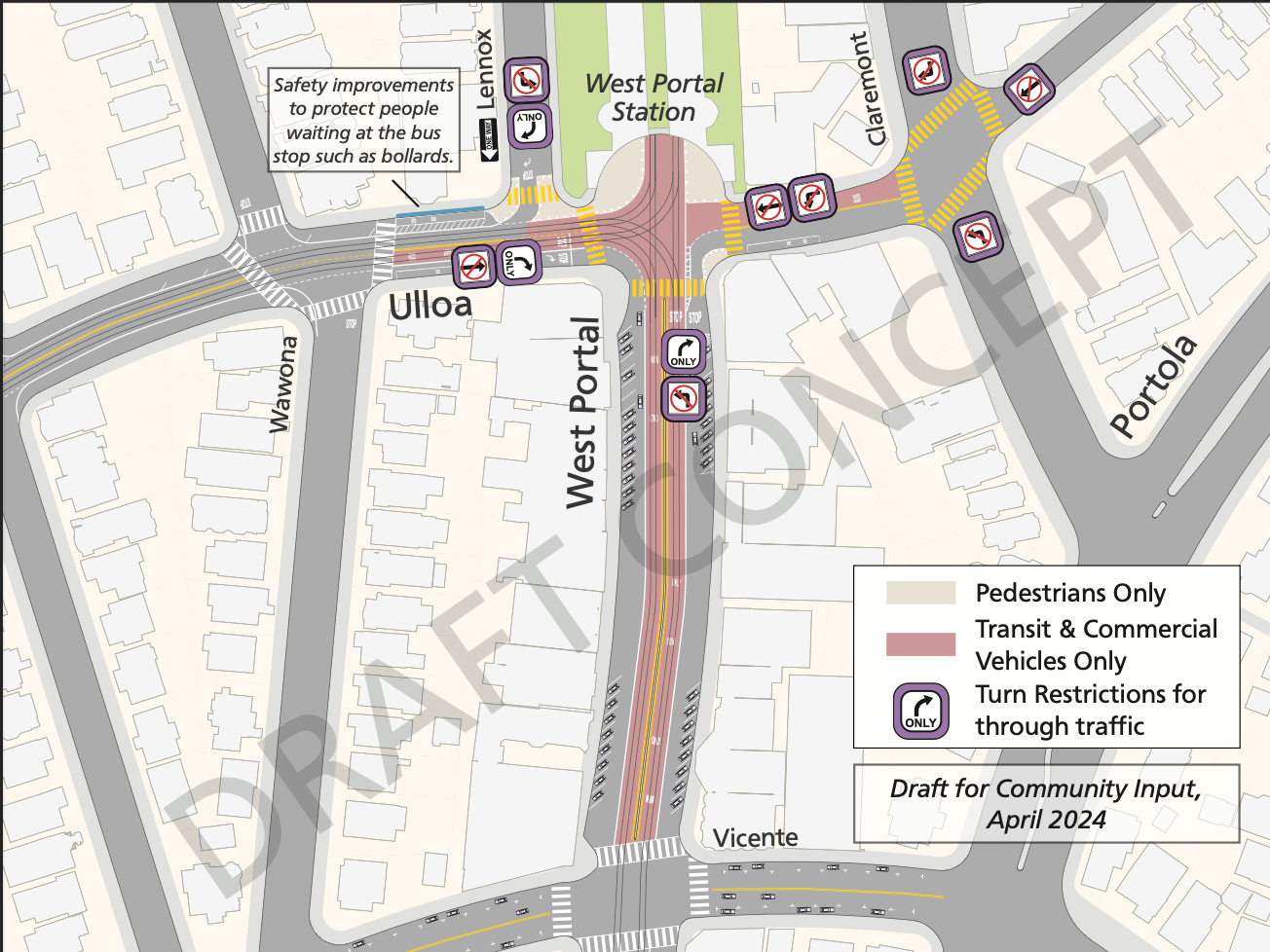 A draft map shows road changes near West Portal Station, with areas for buses, pedestrians, and turn restrictions.
