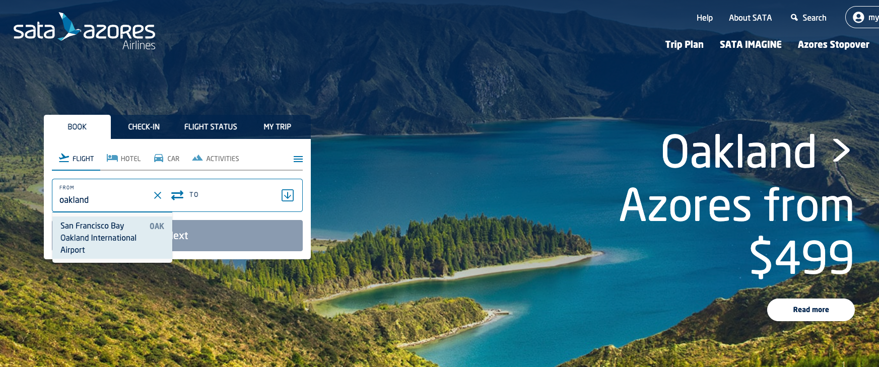 The image shows an airline's booking webpage with a scenic backdrop and a promotional offer from Oakland to Azores.