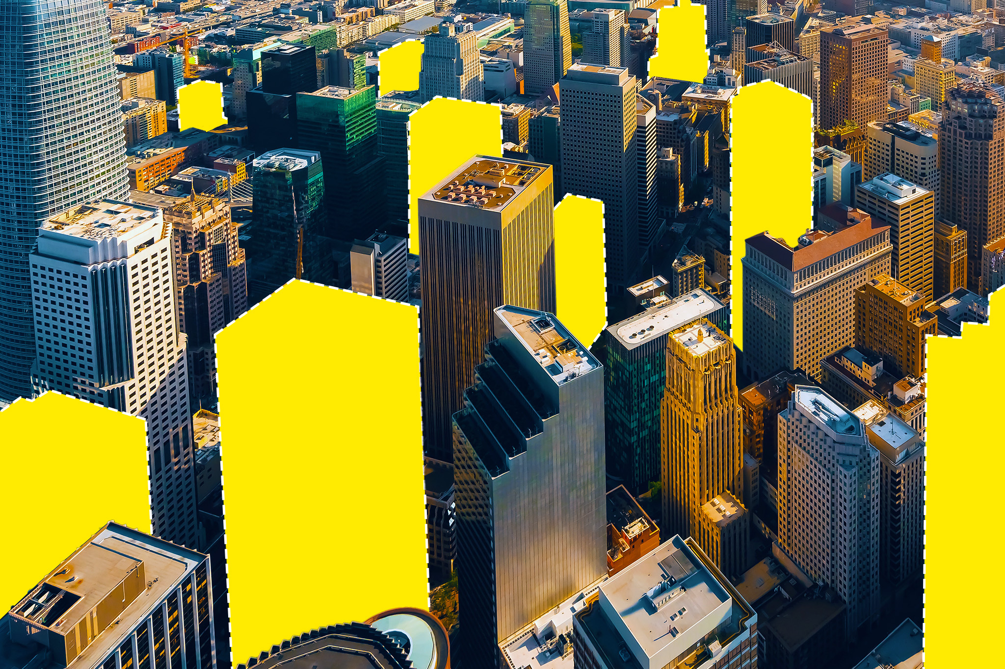 Aerial cityscape with large sections obscured by yellow shapes.