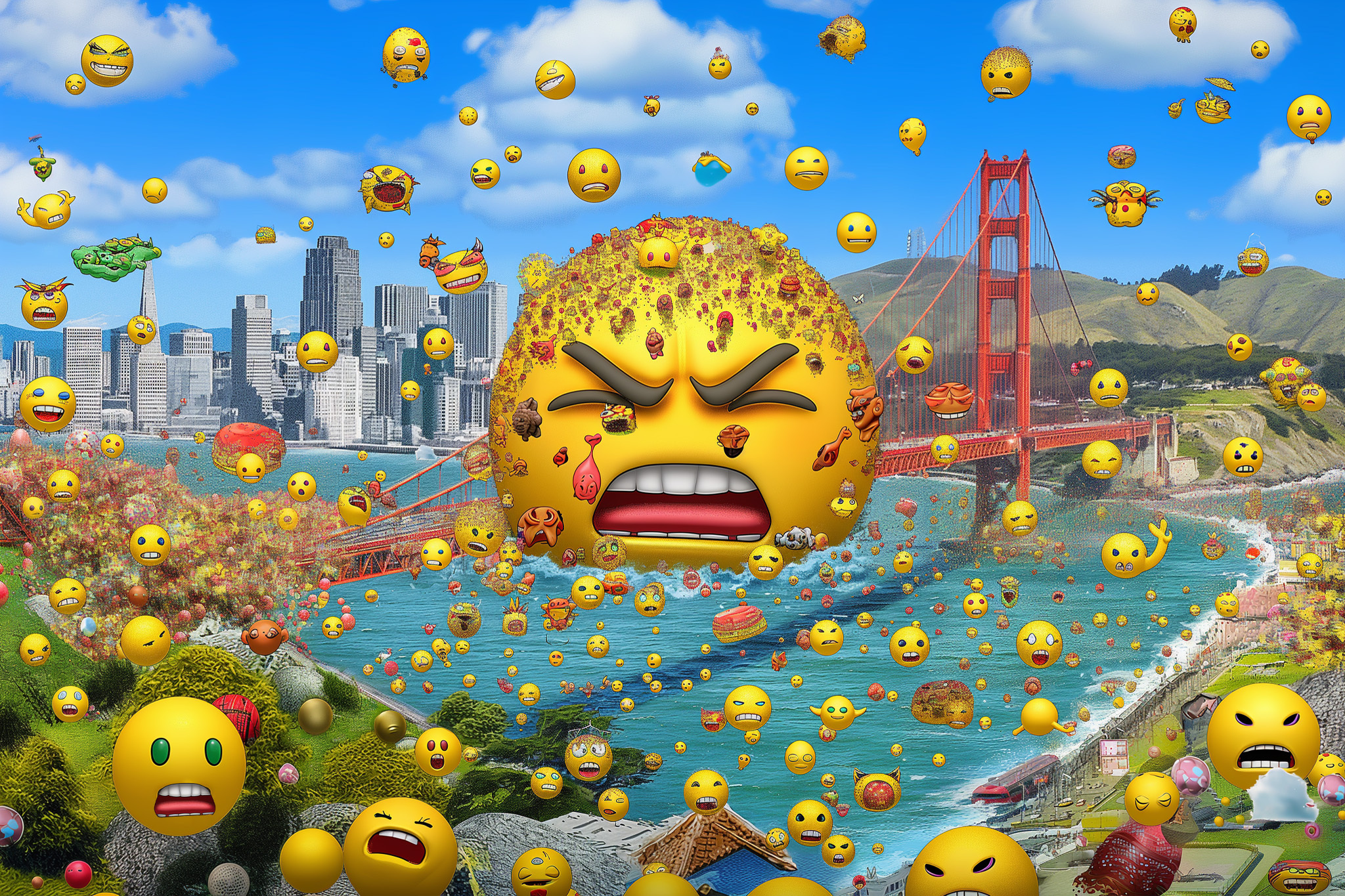 A vibrant scene with numerous emojis of various expressions floating over a cityscape with the Golden Gate Bridge in the background.