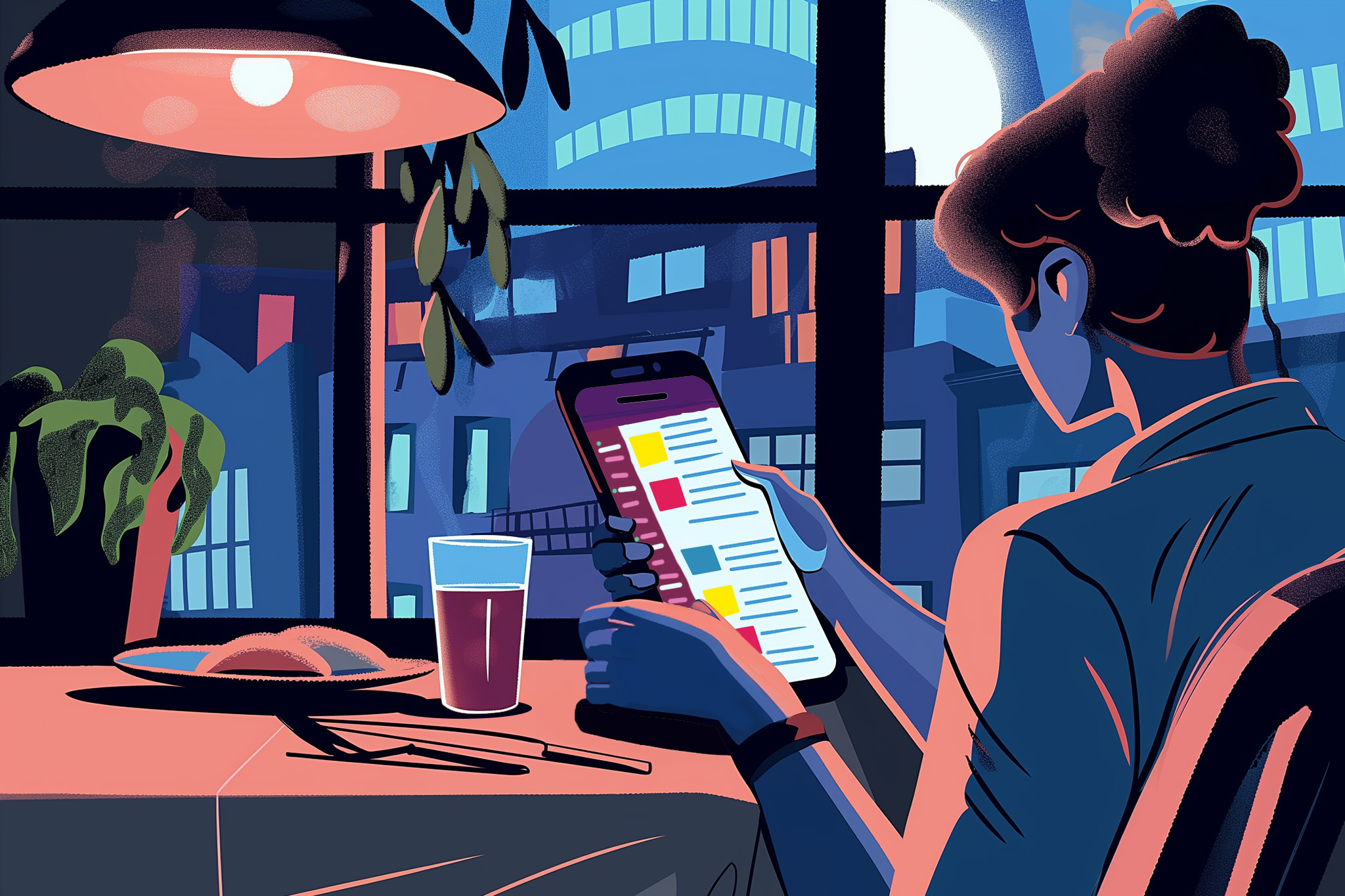 A person is using a tablet at a table with a drink, near a window with a cityscape at dusk.