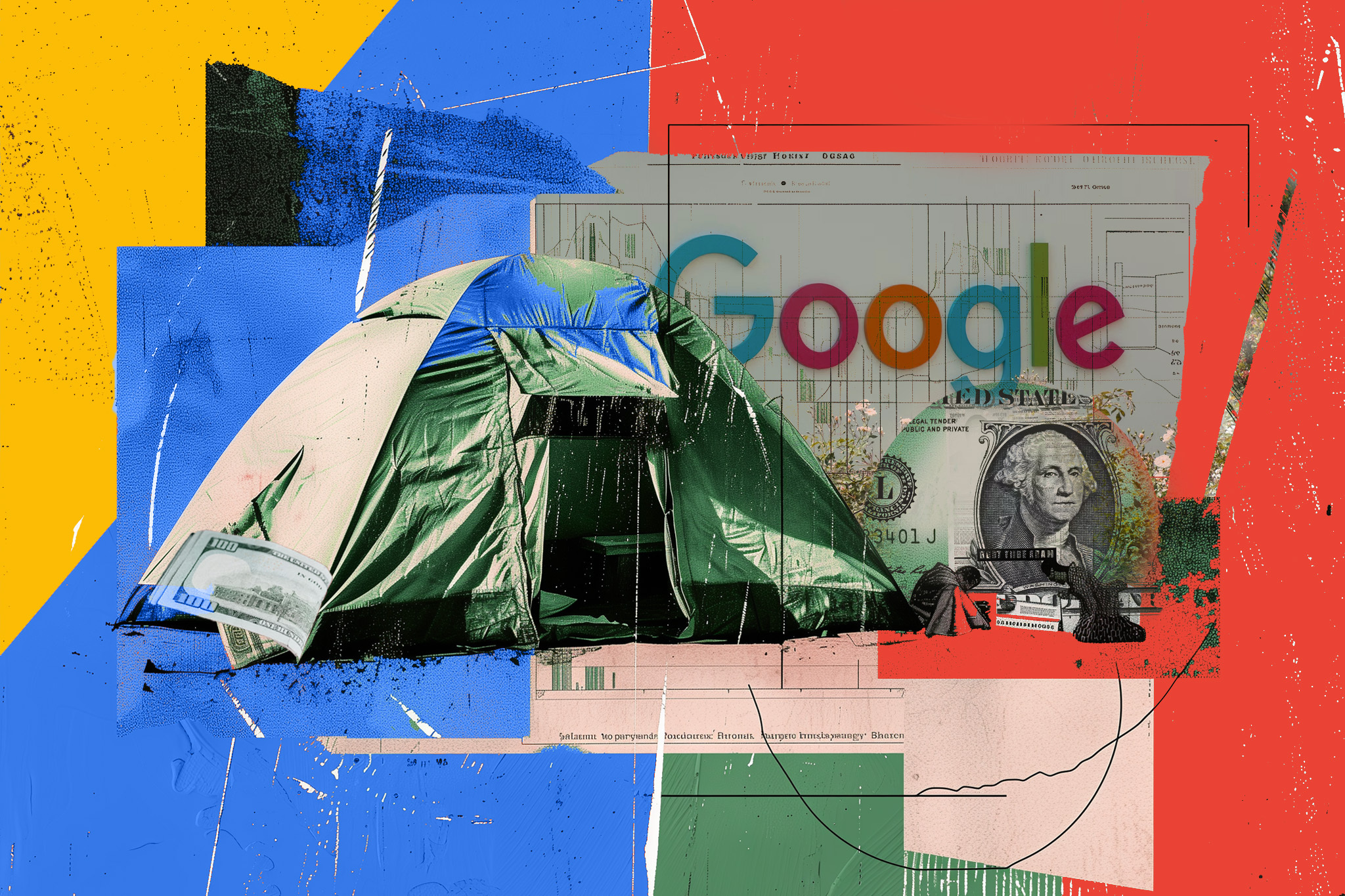 A collage with a tent, money, and the Google logo on an abstract colorful background.