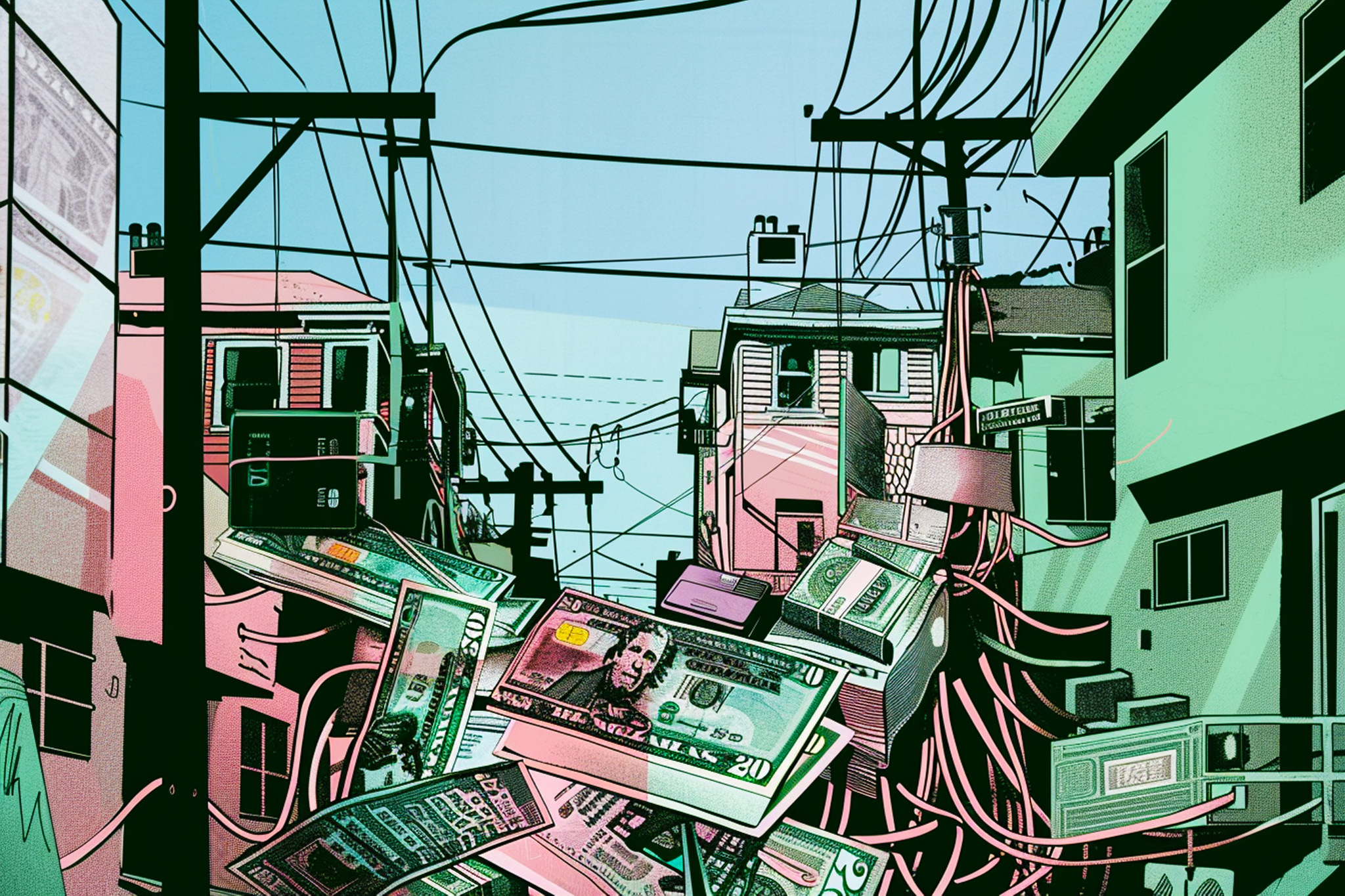Illustration of an urban alley with cash, electronics, and tangled cables amidst pastel buildings.