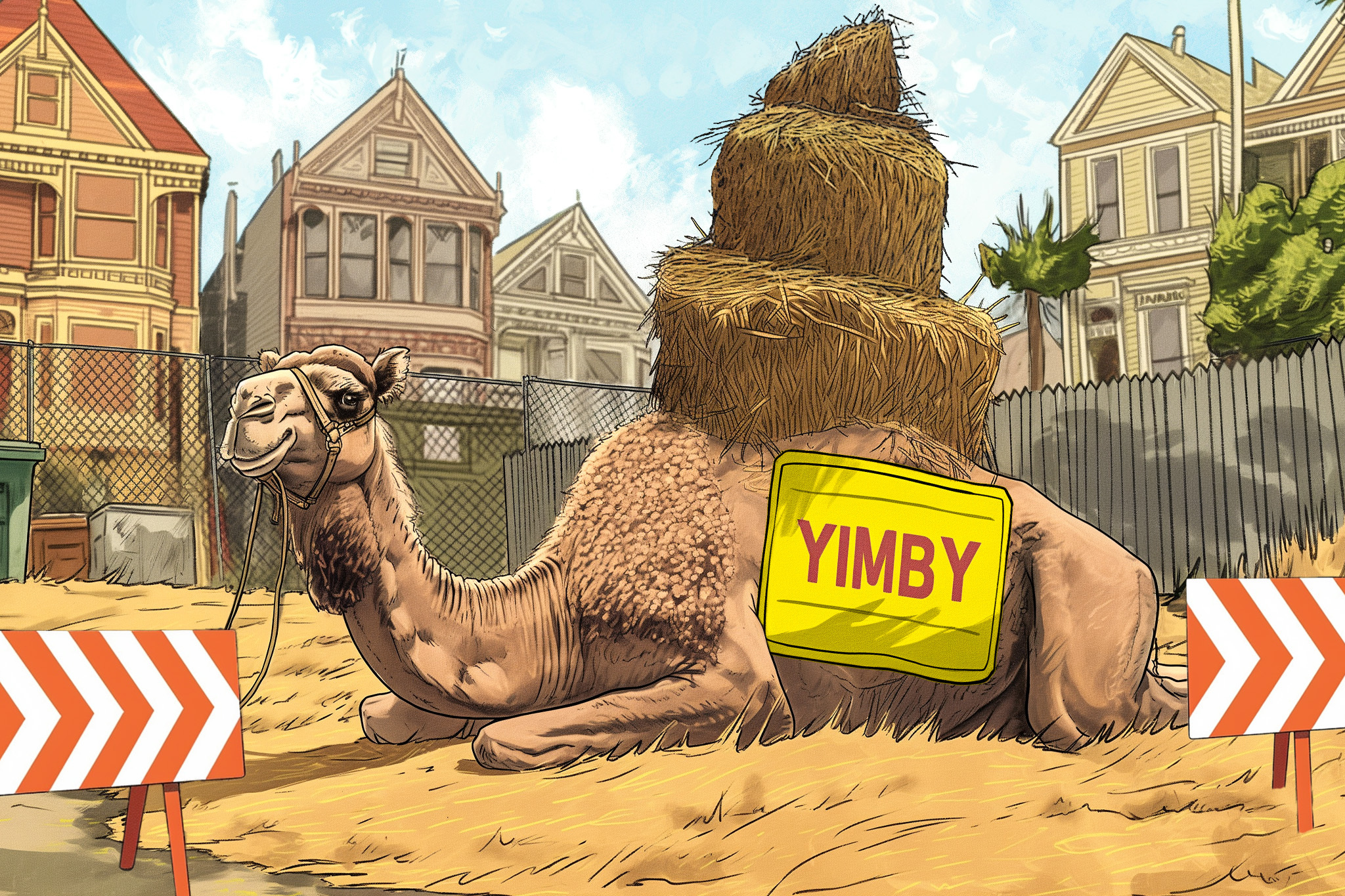 A camel with a "YIMBY" sign lies in a sandy area by Victorian houses.