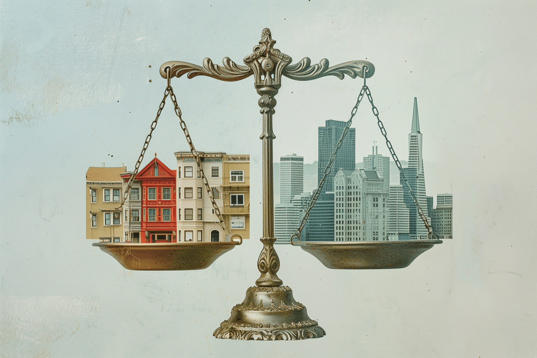 An ornate balance scale with classic houses on one side, modern skyscrapers on the other, symbolizing urban contrast.