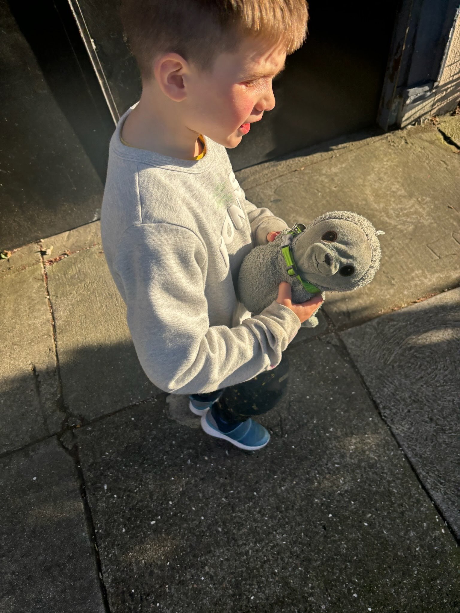 A young boy stands outside holding a plush grey sloth toy, with sunlight casting shadows on the pavement.