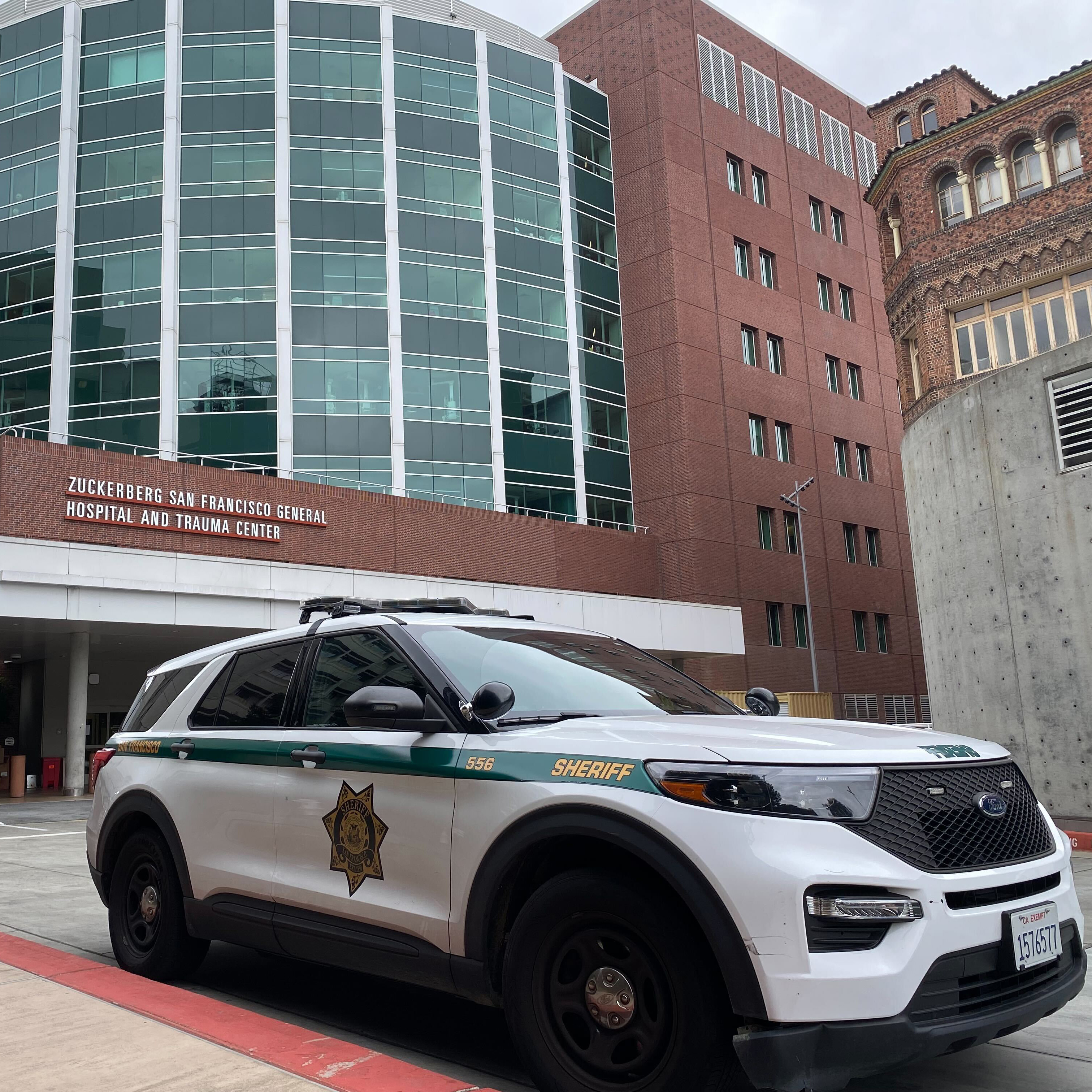 A sheriff's car parked outside the Zuckerberg San Francisco General Hospital.