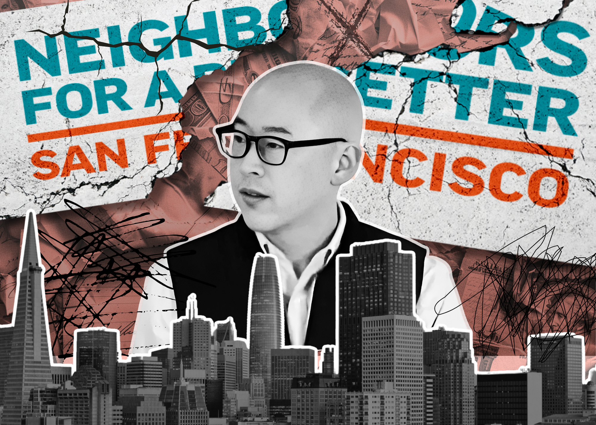 A collage featuring Jay Cheng, city skyline, text "Neighbors for a Better San Francisco," and scribbles.