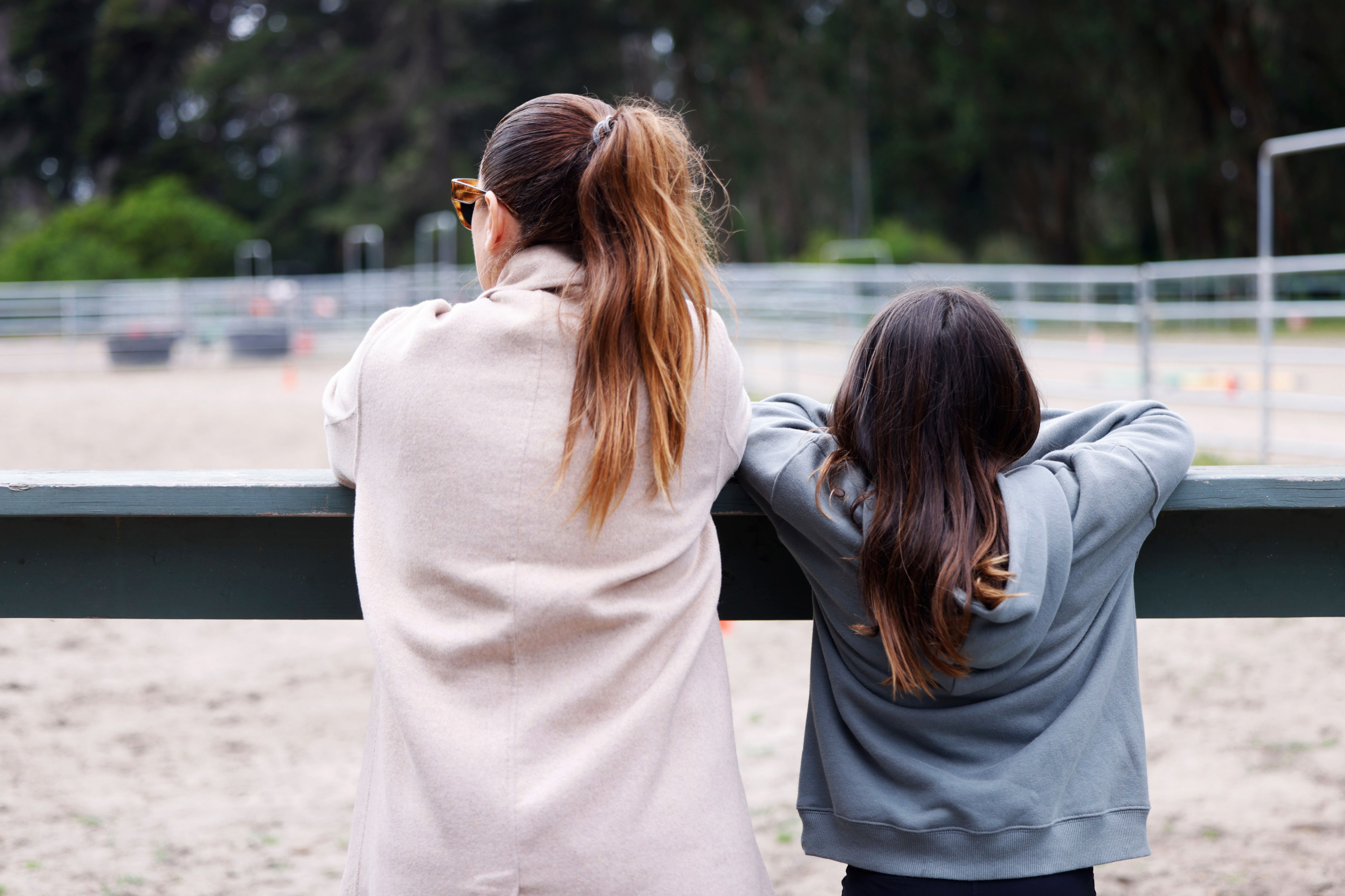 Two women viewed from behind, leaning on a fence at a park, watching a distant scene, surrounded by trees. One wears a beige coat, and the other a grey hoodie.