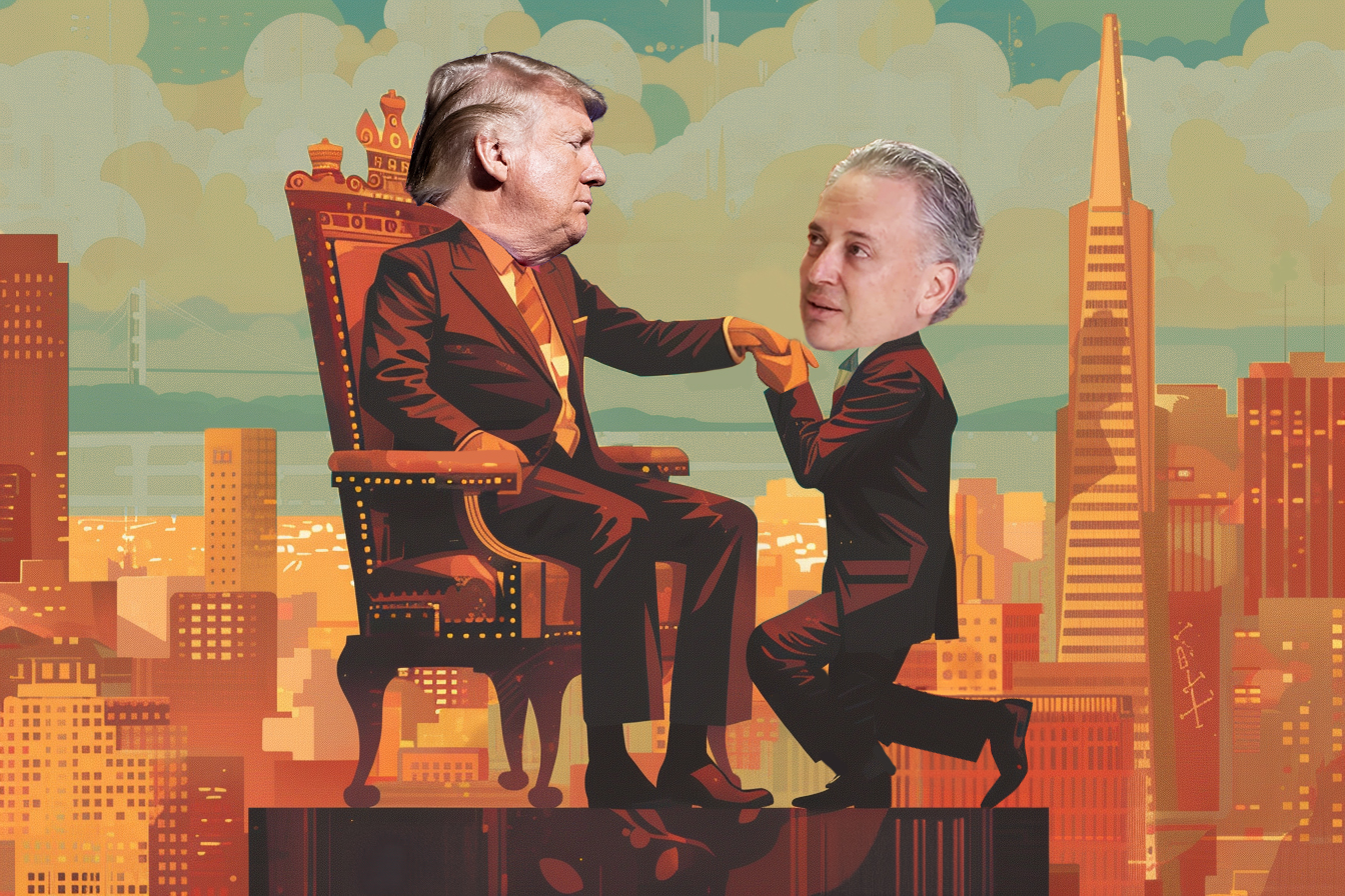 A caricature of David Sacks kneeling and kissing the hand of Donald Trump seated on a throne, set against a cartoon cityscape with skyscrapers and cloudy sky.