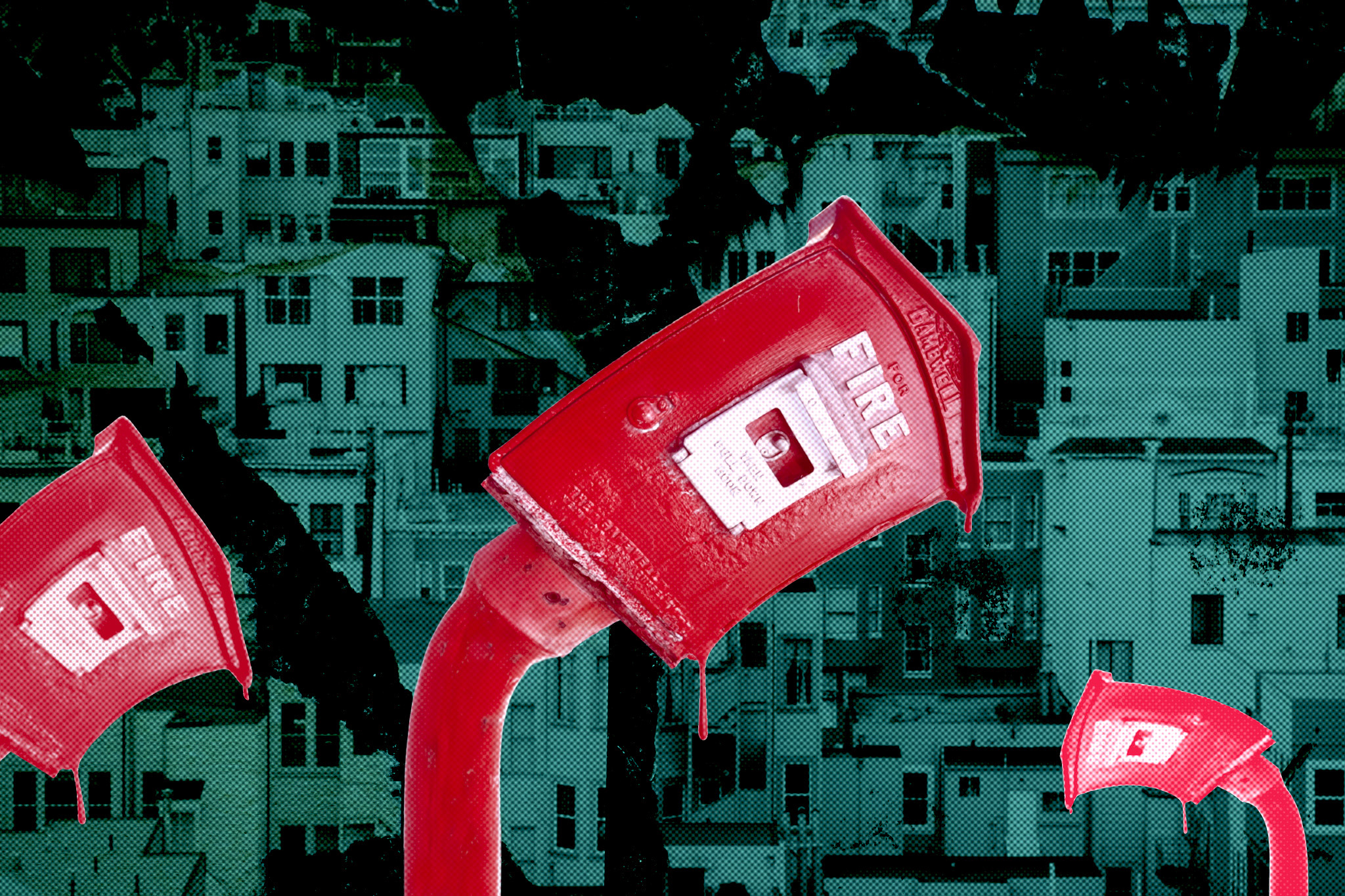 An illustration shows San Francisco emergency call boxes wilting.