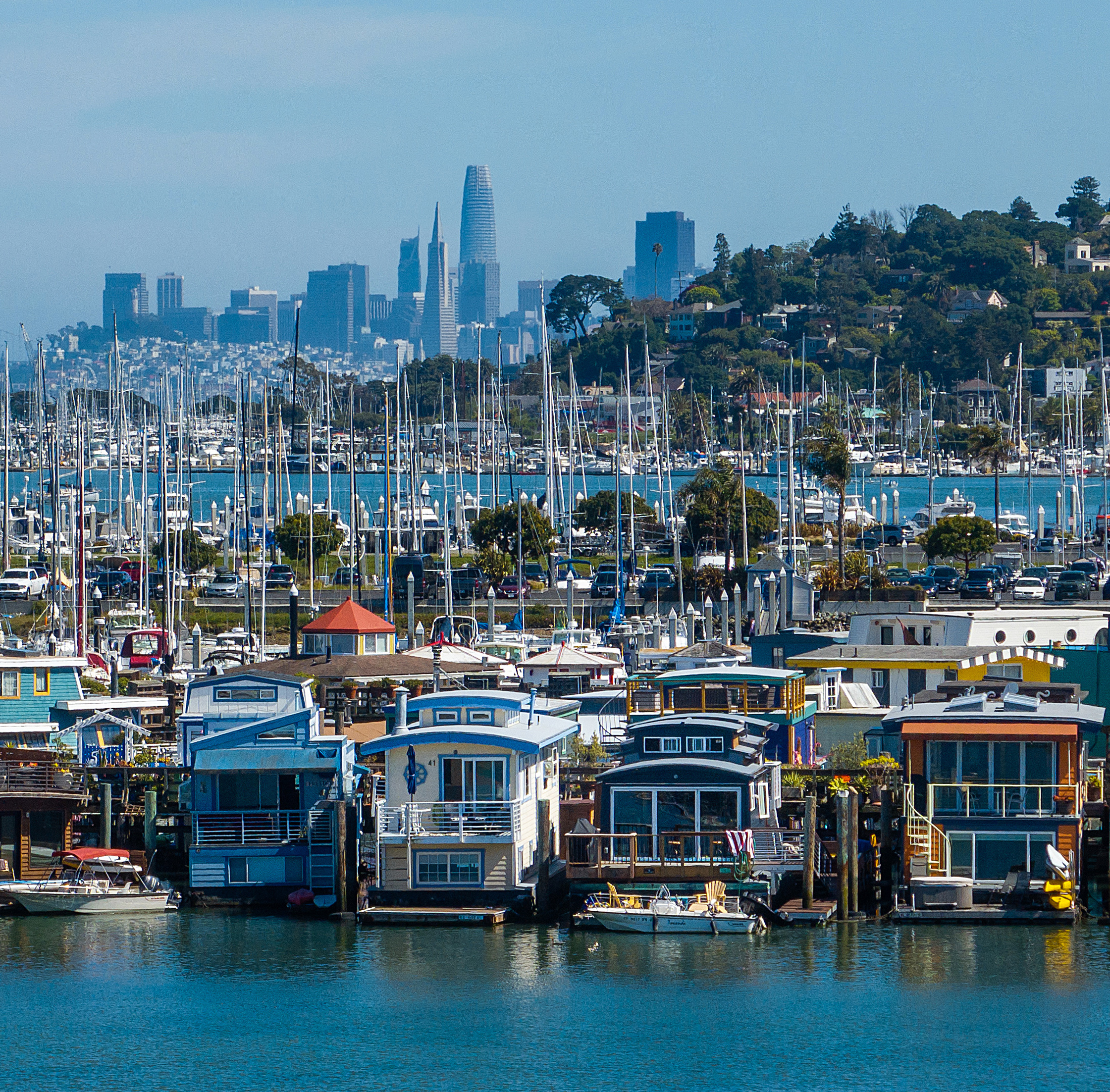 A marina with houseboats in the foreground and a city skyline in the background under a clear blue sky.