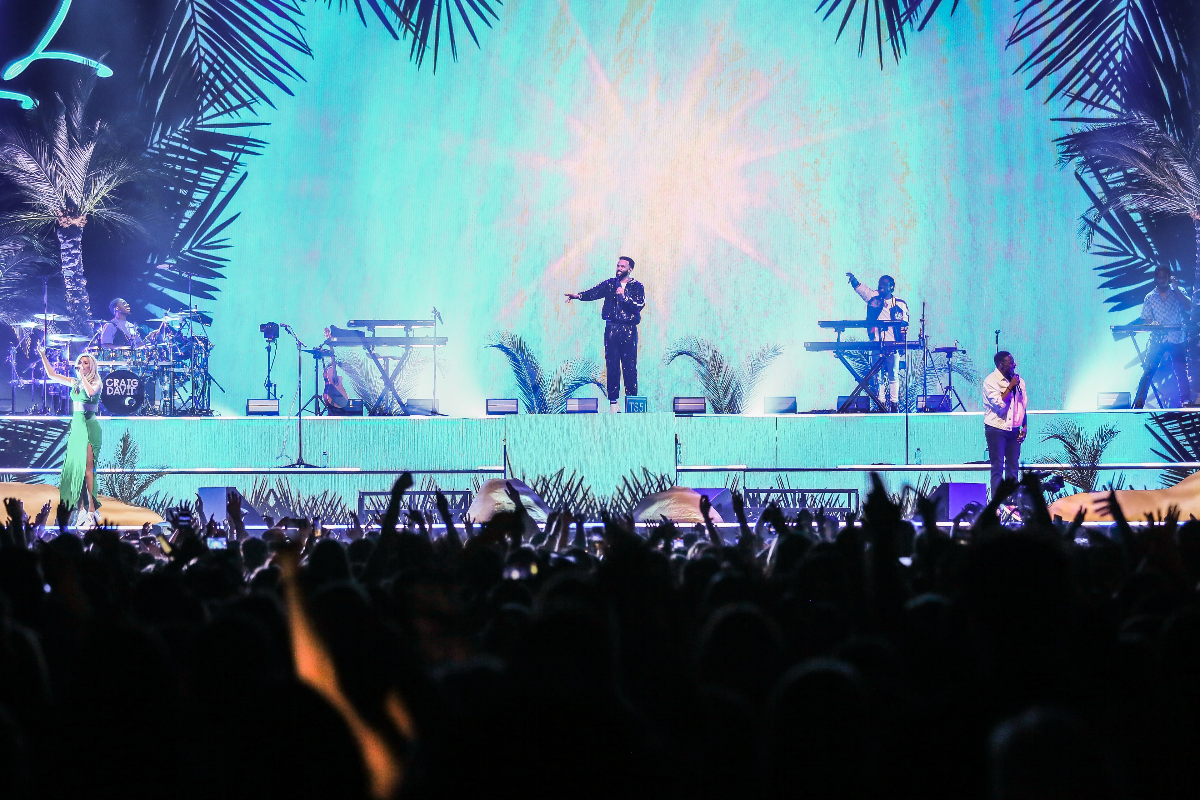 A concert scene with a band on stage, bright turquoise backdrop, palm silhouettes, and a cheering crowd.
