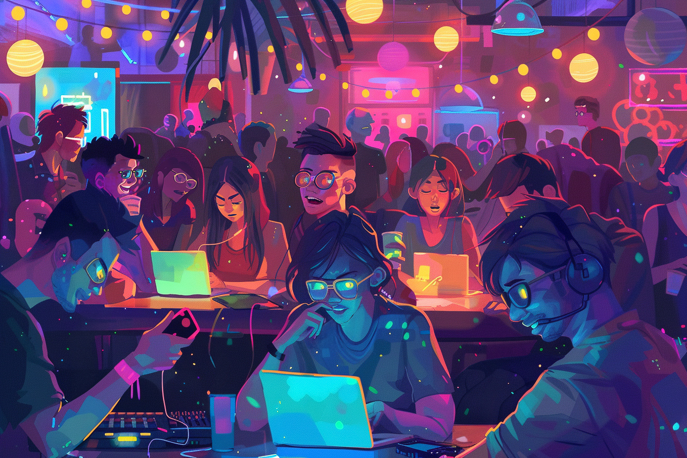 A vibrant illustration of young people with laptops at a neon-lit party, immersed in their screens amidst a bustling crowd.