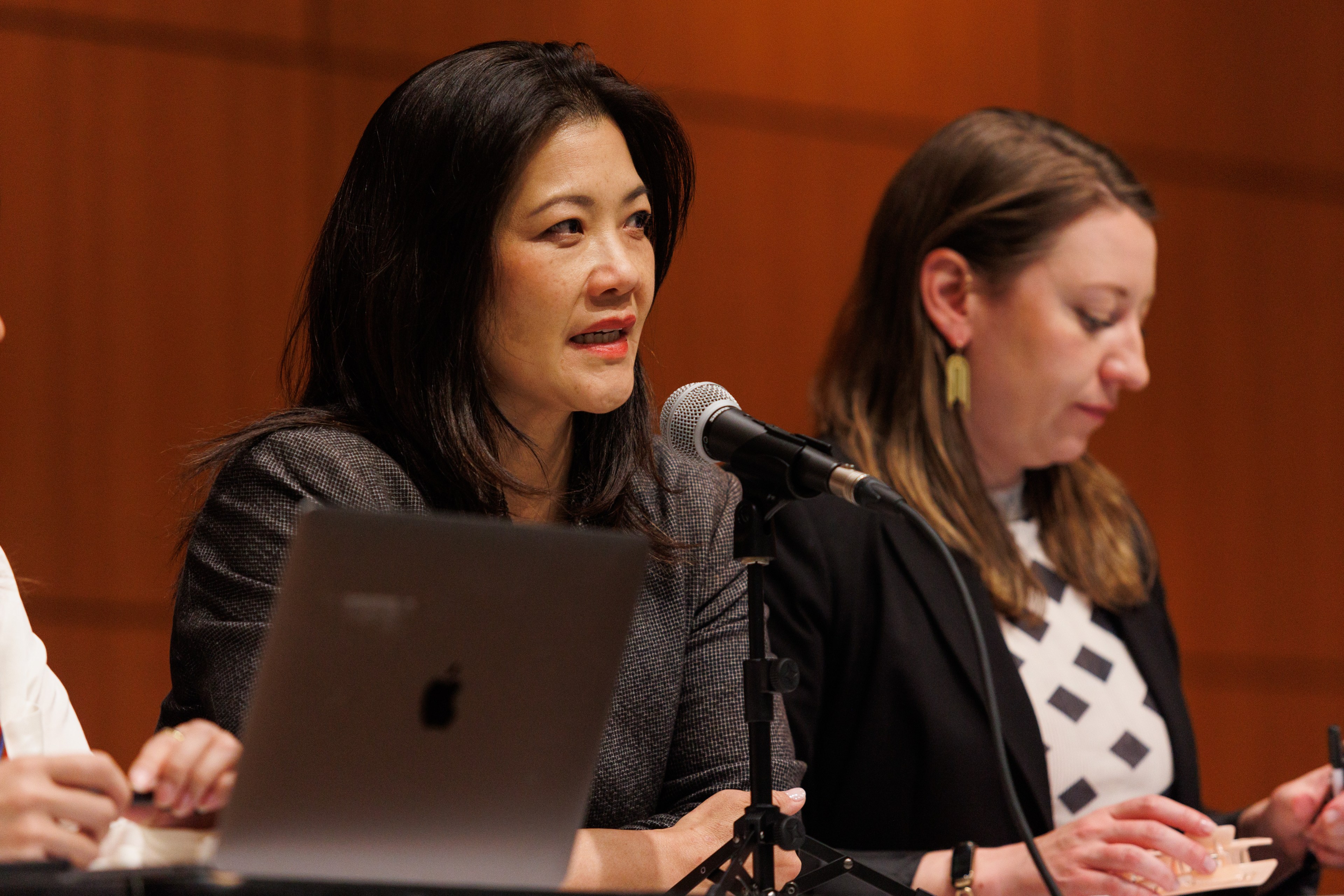 Two women on a panel, one speaking into a microphone, with a laptop in front of them.
