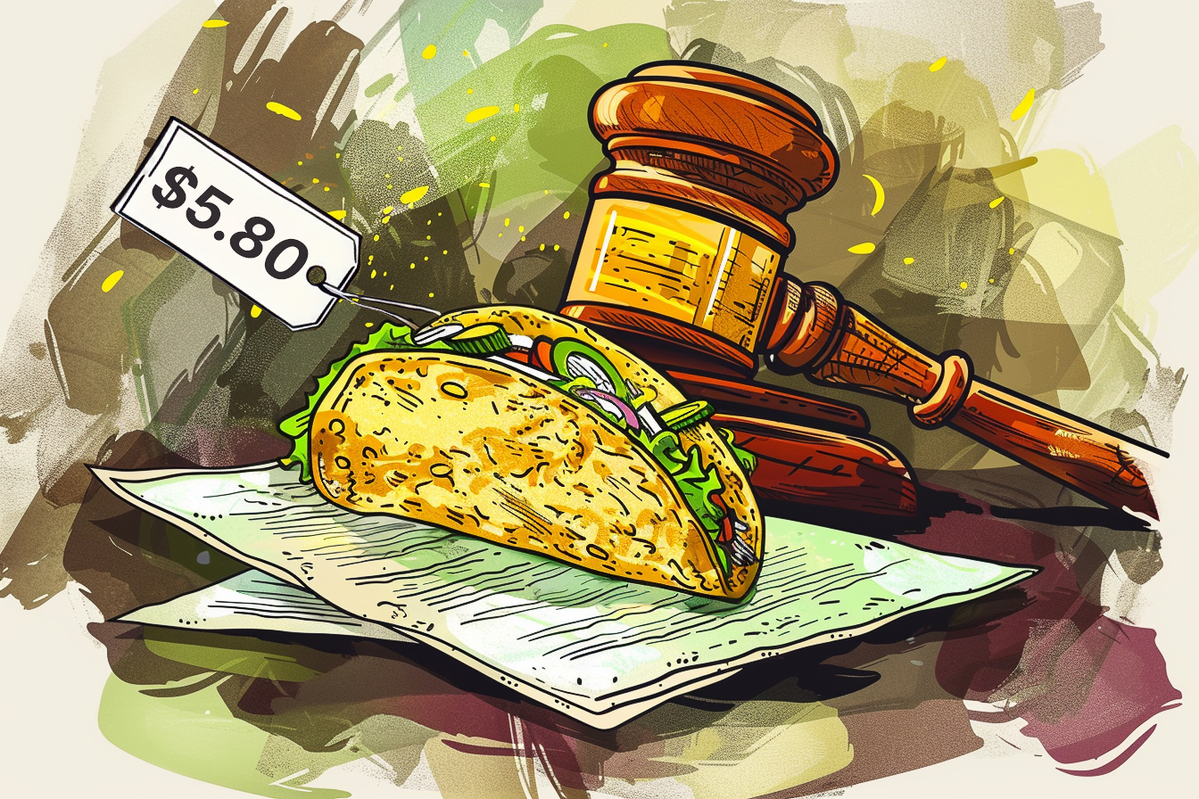 Art of a taco labeled $5.80, next to a gavel on papers, implying a legal or transactional theme.