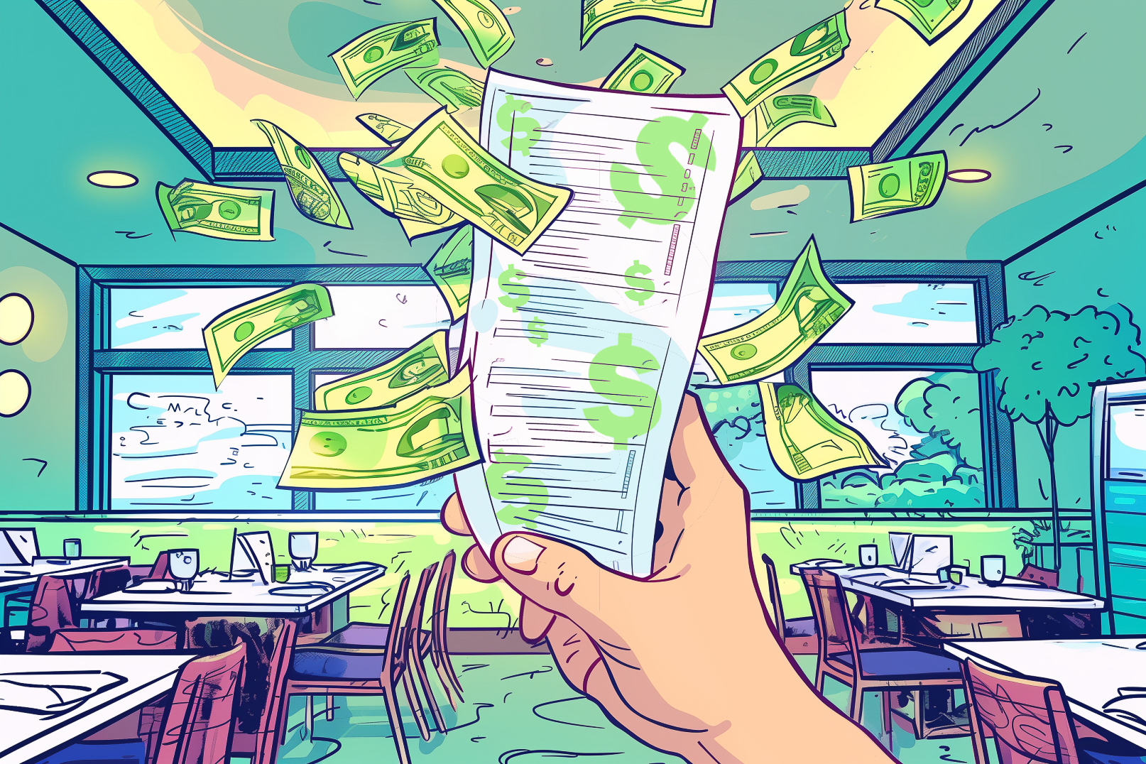 A hand holds a bill, cash flying around in a colorful diner; suggests a pricey meal or wealth.