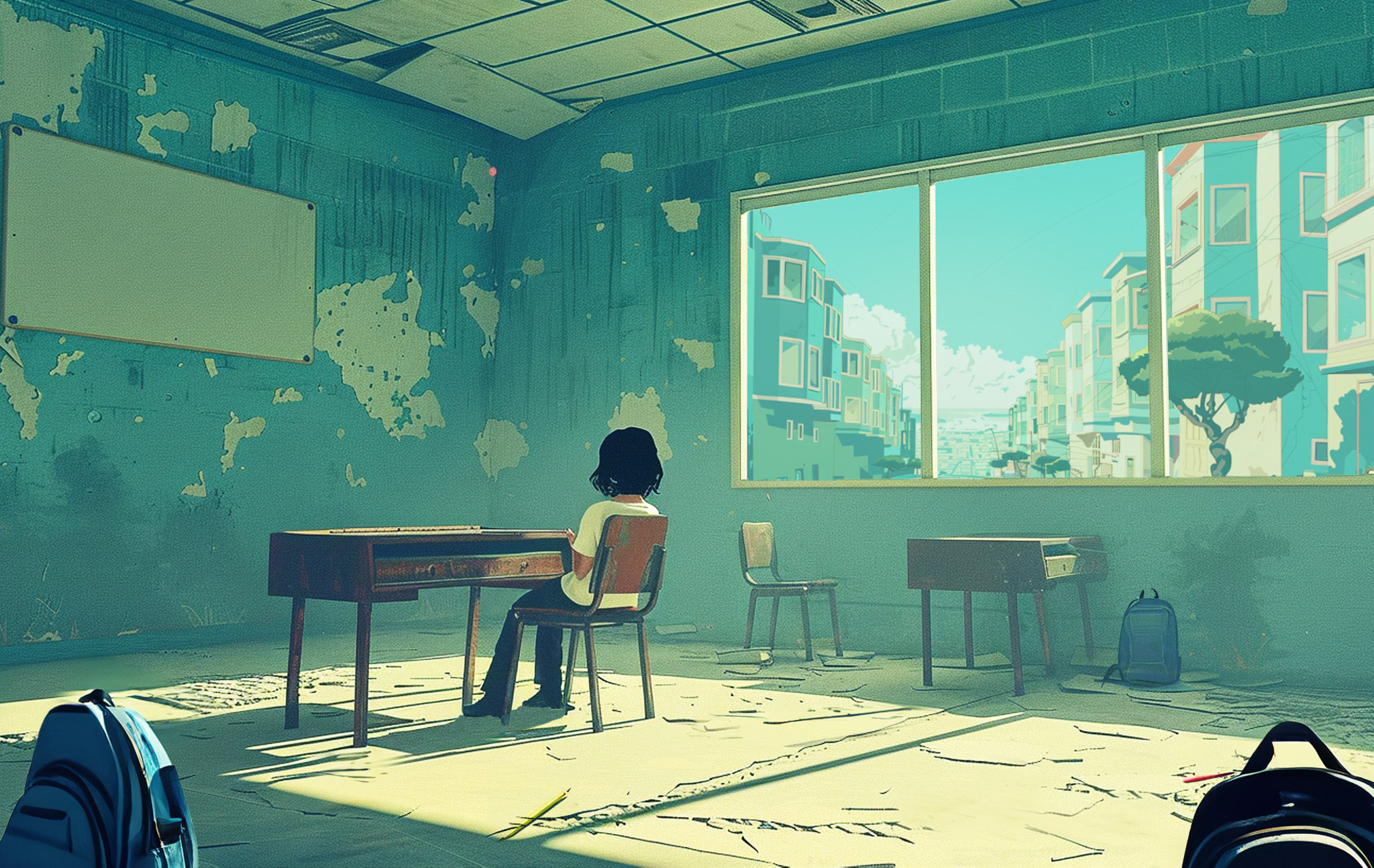 A person sits at a piano in a sunlit, dilapidated classroom with a view of urban homes outside.