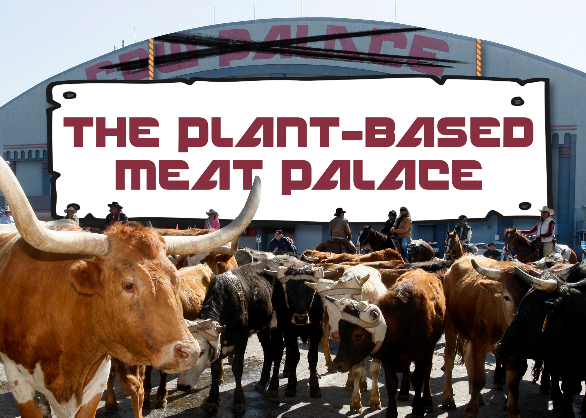 Cattle in front of a arena with a sign welcoming them.