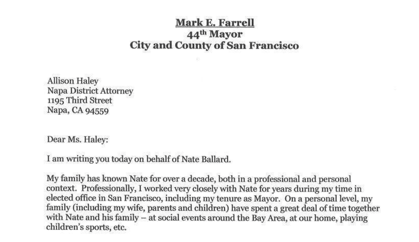 An image of a letter from Mark E. Farrell, 44th Mayor of San Francisco, stating support for Nate Ballard.