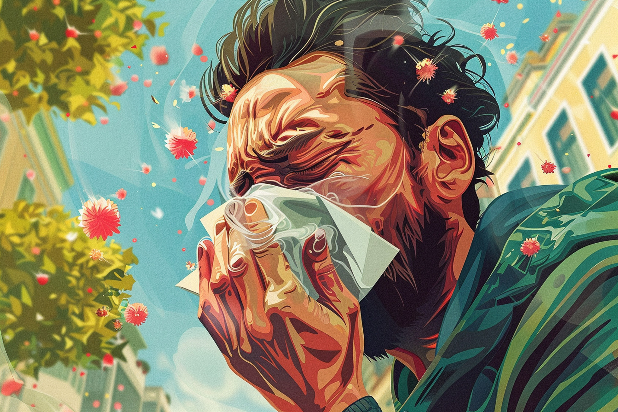 A man sneezes into a tissue, surrounded by floating red flowers and a vibrant city backdrop, in a colorful, stylized illustration.