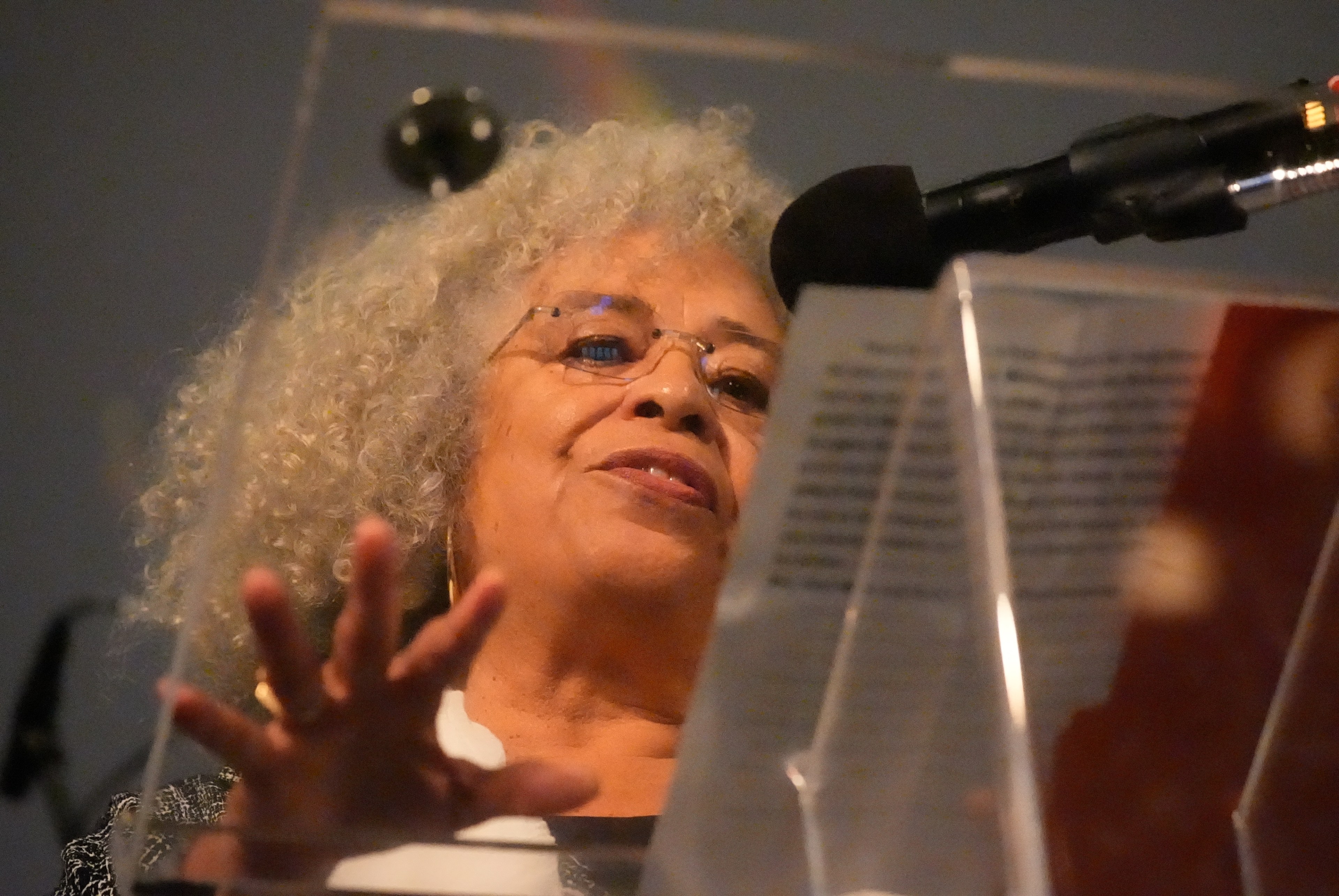 An older woman with curly gray hair is speaking into a microphone, partially obscured by a stand and gesturing with her hand.