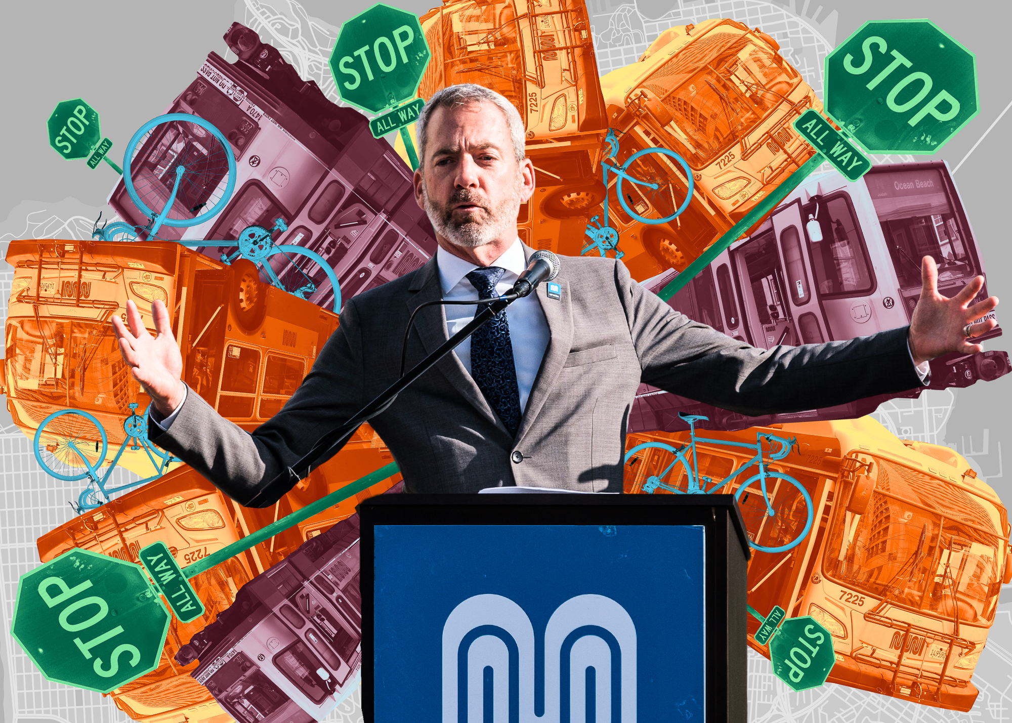 Jeff Tumlin in a suit speaks at a podium, arms outstretched. Behind him, there’s a collage of buses, bicycles, stop signs, and a city map.