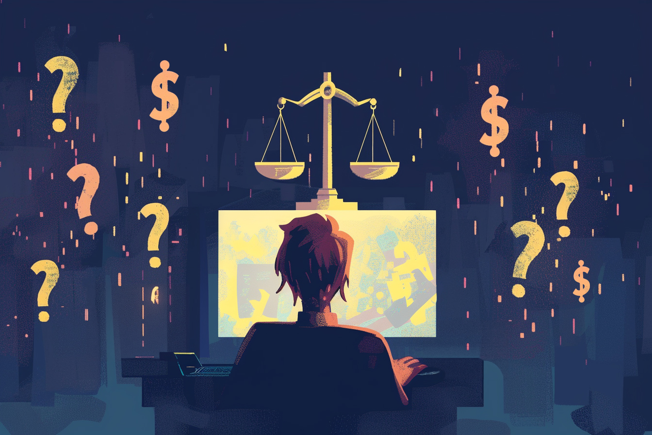 A person sits at a computer with a justice scale icon above the screen. Surrounding them are question marks and dollar signs in a dark, abstract background.