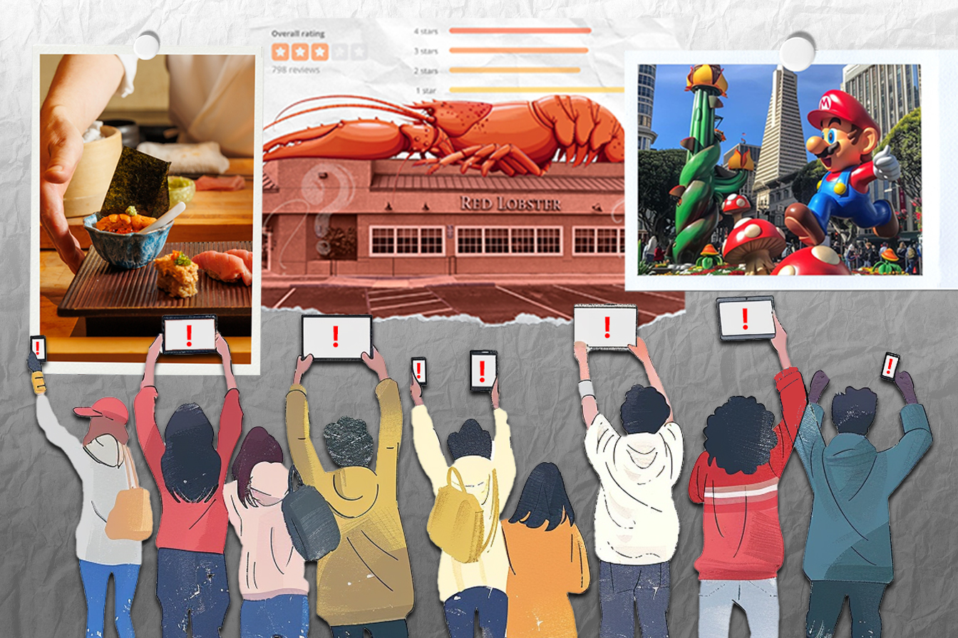 The image illustrates a collage featuring sushi, Red Lobster, Super Mario, and people holding devices displaying exclamation marks, depicting diverse activities and reactions.