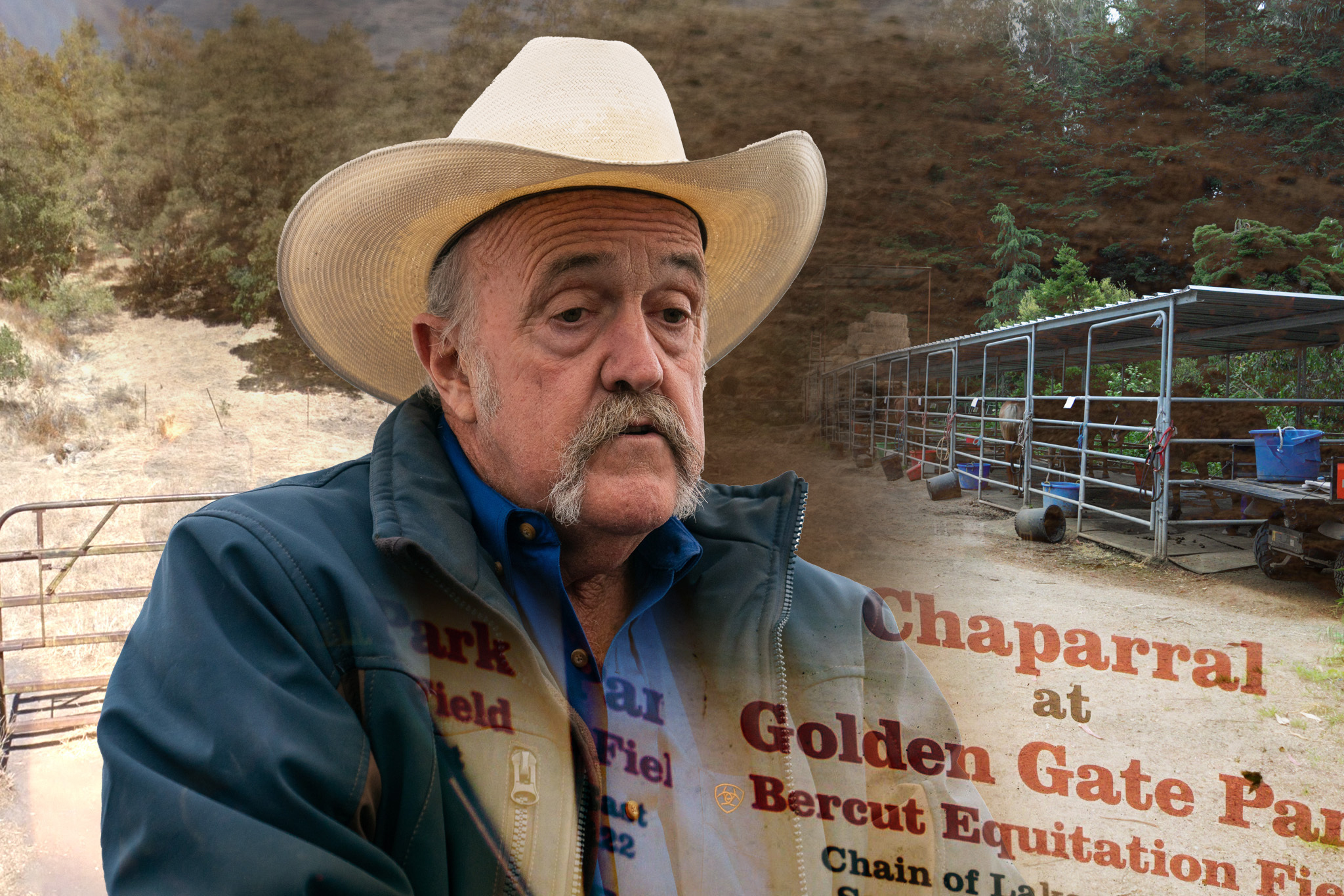 The image features an older man wearing a cowboy hat and a blue jacket, superimposed over scenes of a rustic outdoor setting and a sign that reads "Chaparral at Golden Gate Park."