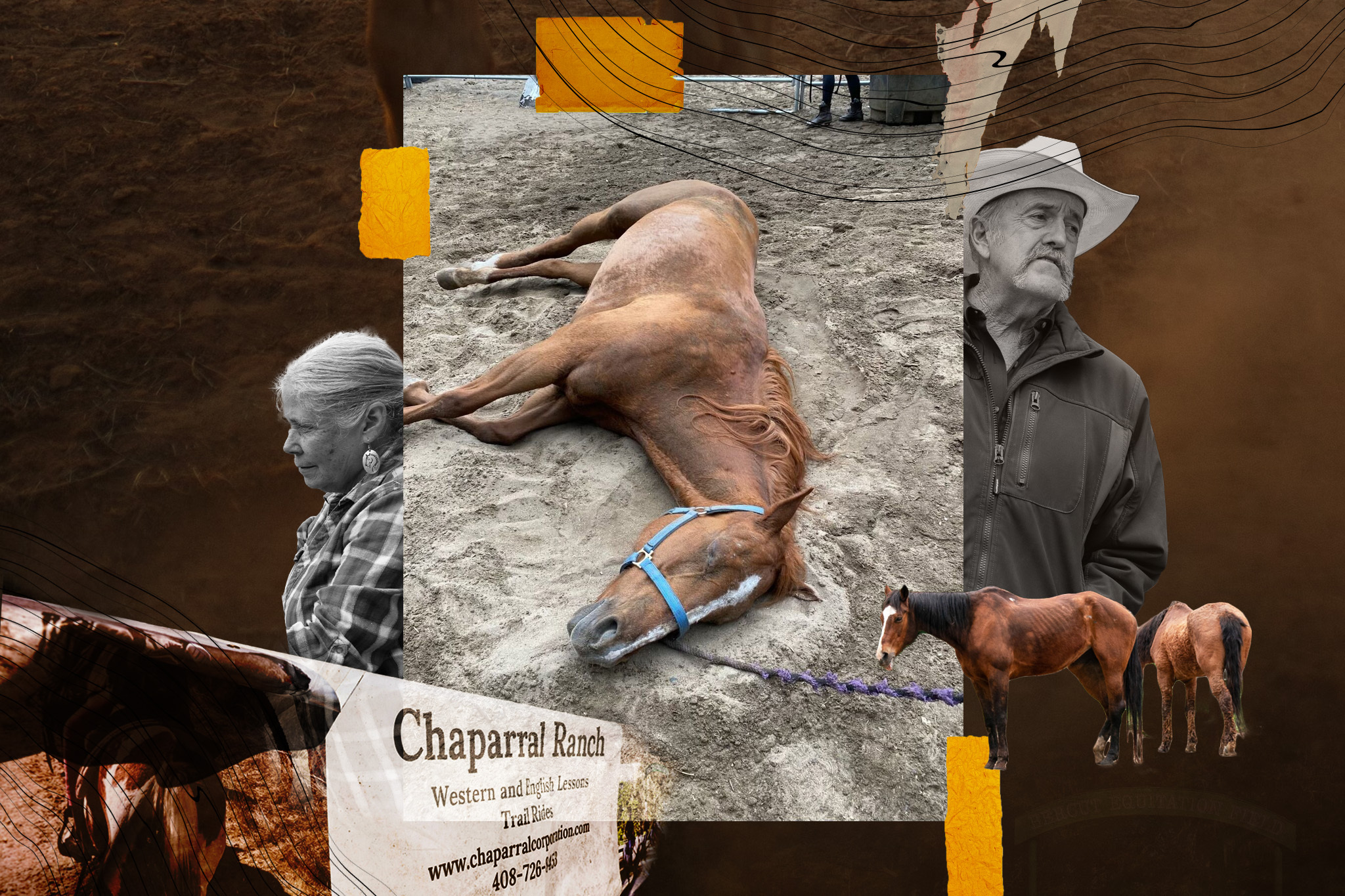 Collage with a ranch theme, including images of an elderly woman, a man, several horses, and a textured background with ranch-related elements.