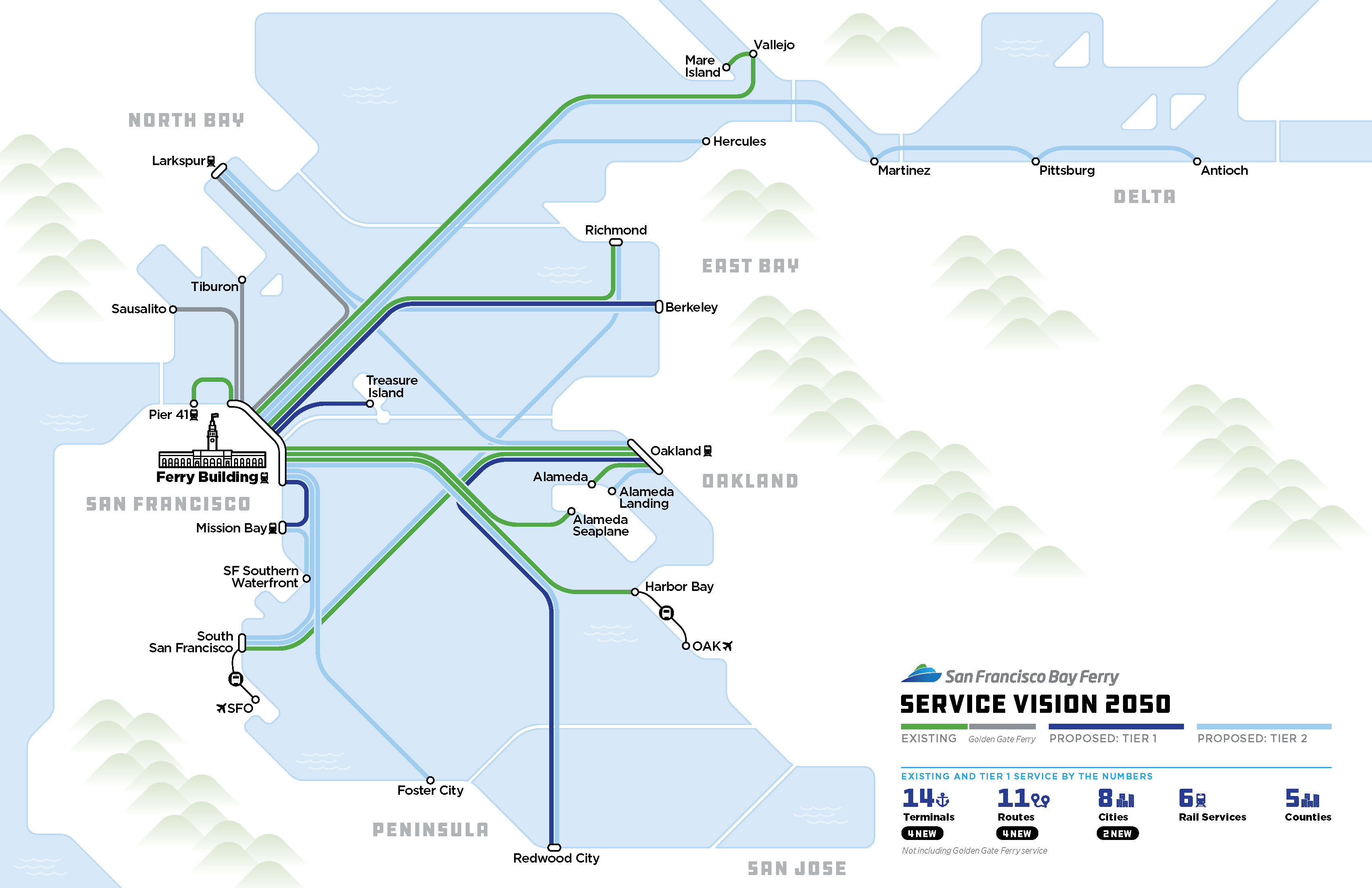 A map showing the San Francisco Bay Ferry's proposed routes with symbols for terminals and routes.