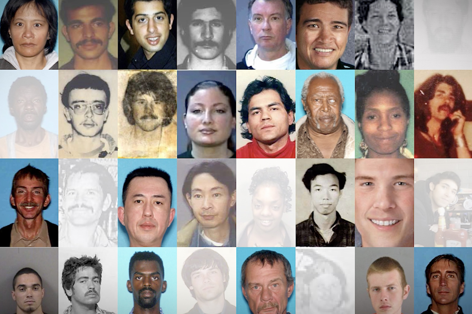 A collage of various individuals' portraits, diverse in age and ethnicity, possibly pertaining to a missing persons report or similar context.