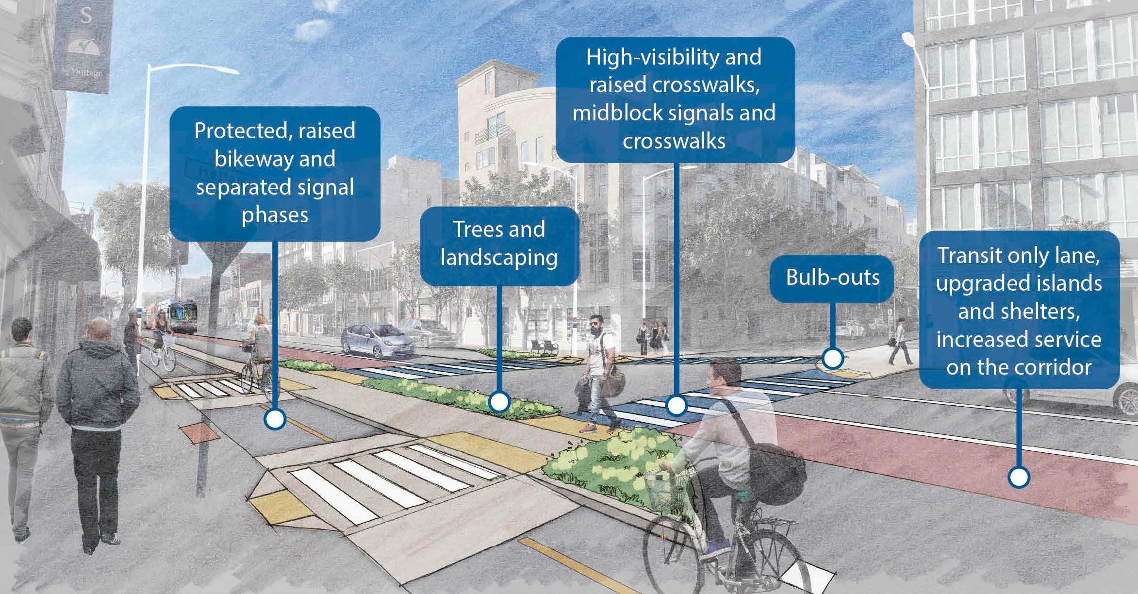 An illustration of a street scape highlights a two-way bike lane, trees and landscaping, raised crosswalks and a transit-only lane.