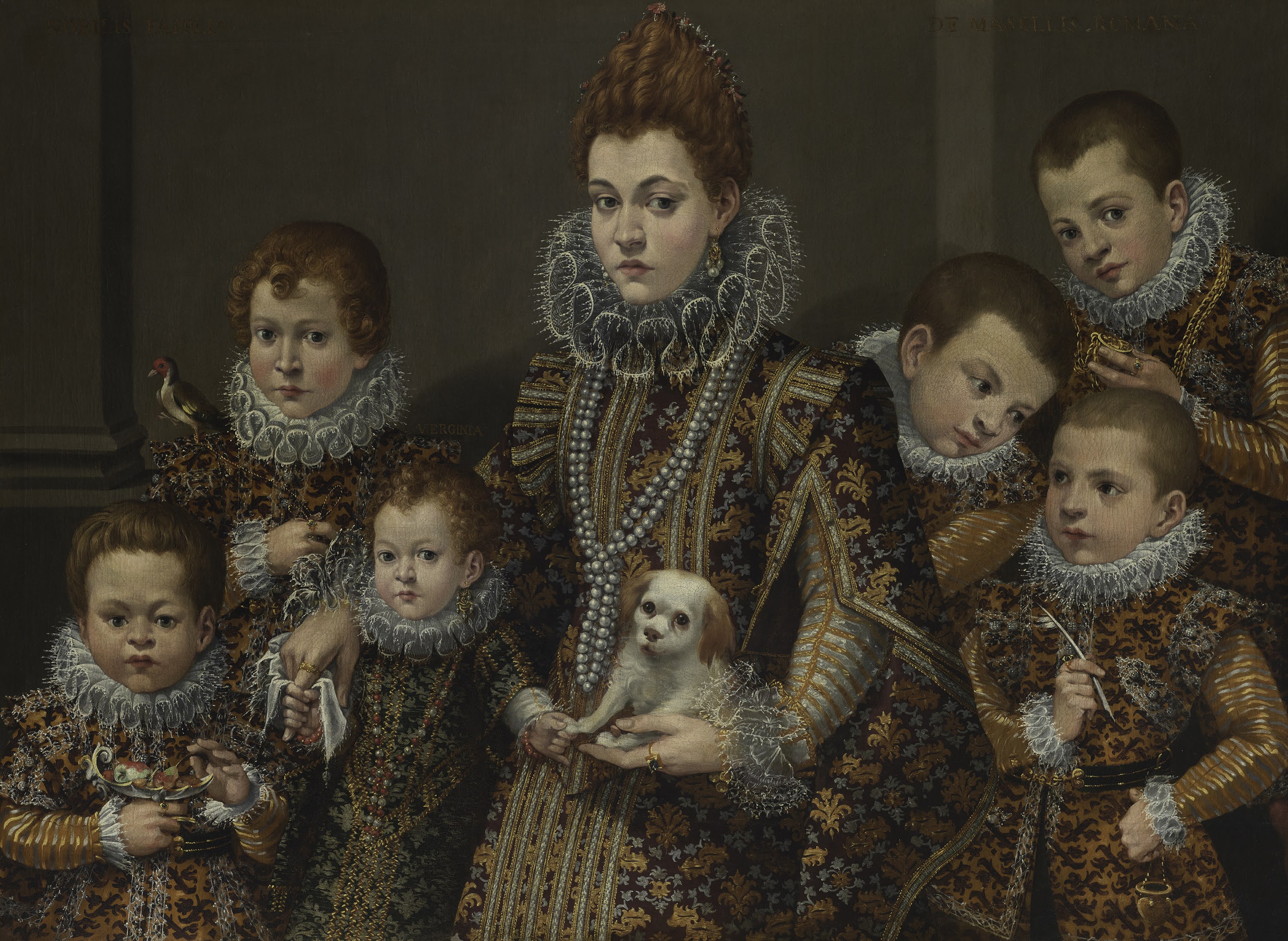 An ornate painting of six children and a dog, all in elaborate Elizabethan attire with ruffed collars.