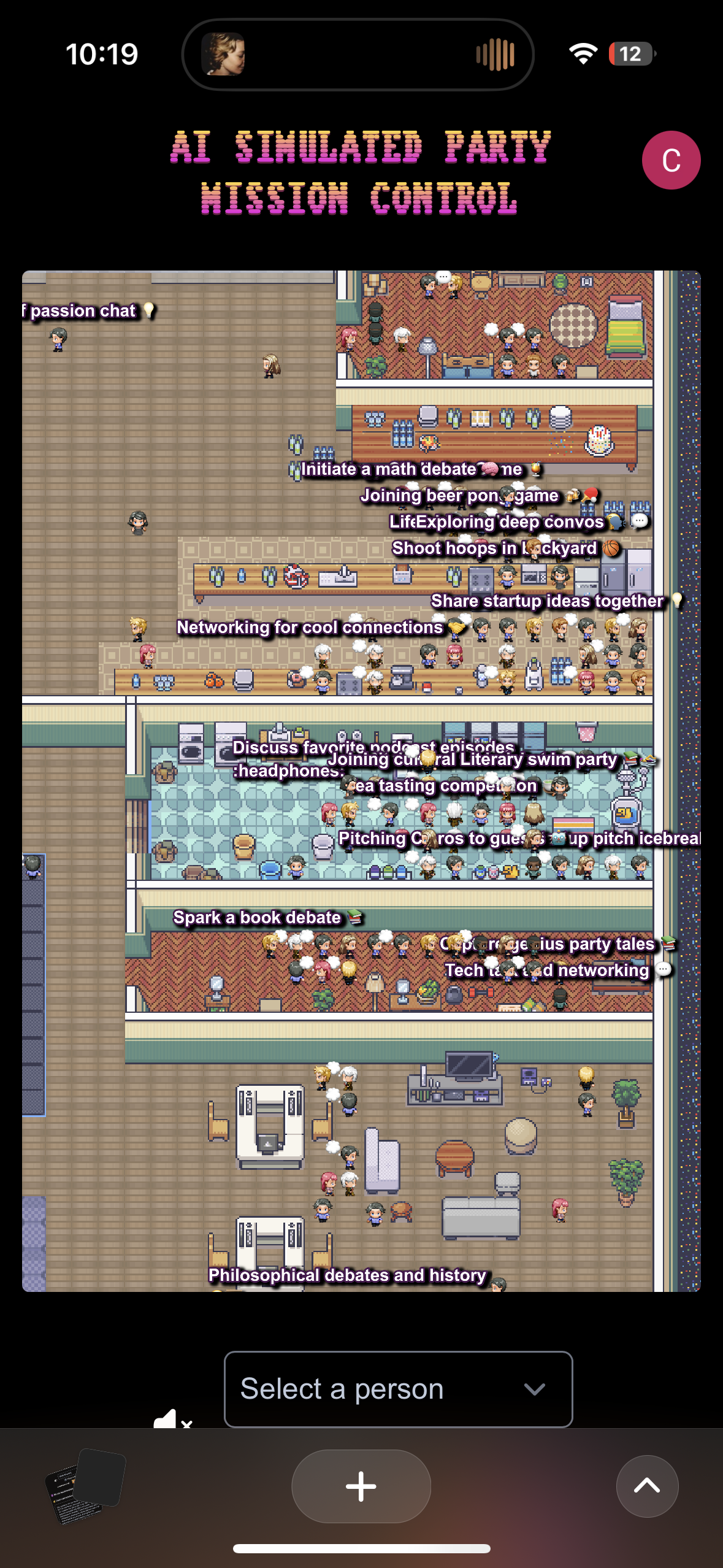 Pixelated game screenshot of a virtual party with avatars engaging in various activities, like debates and games.